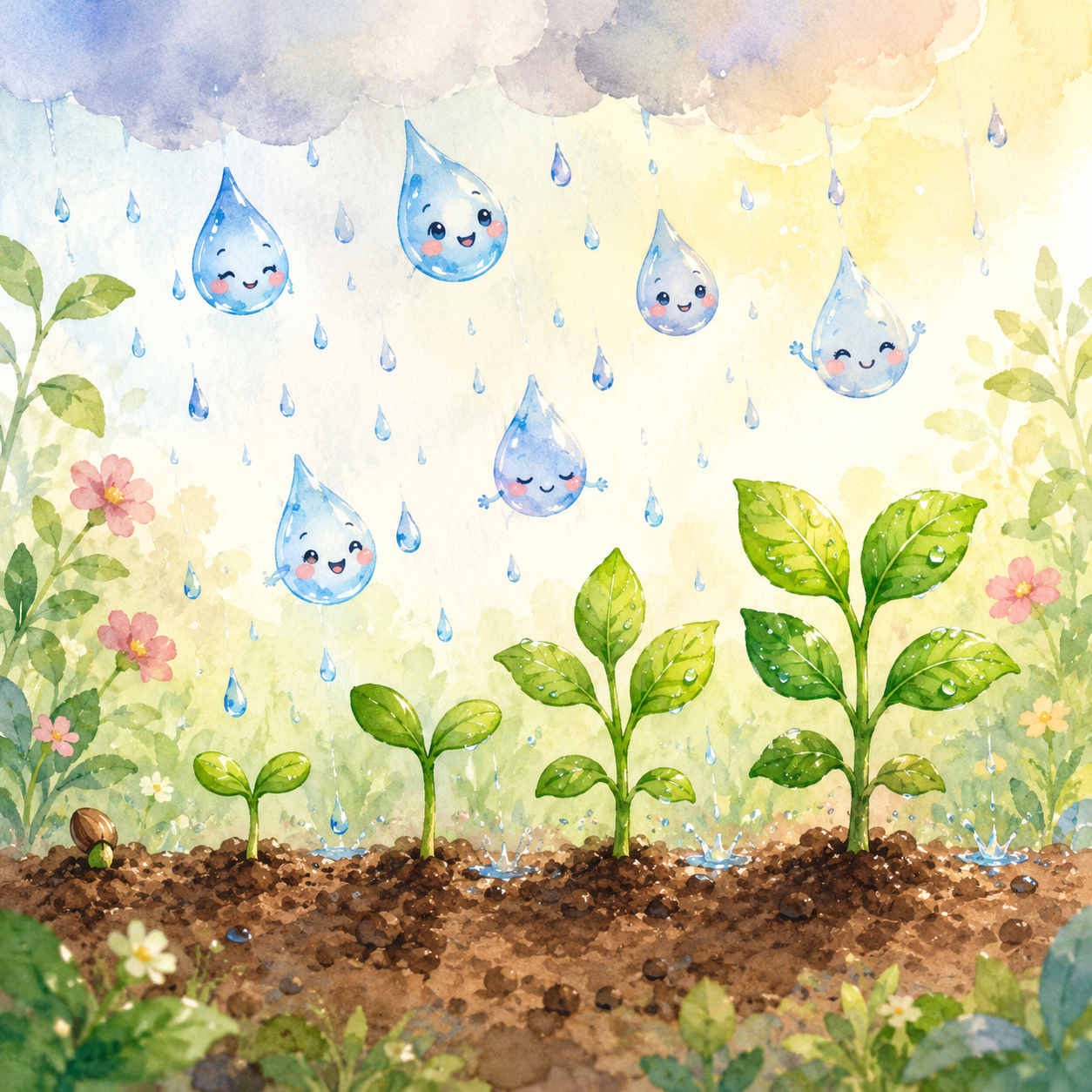 雨滴浇灌成长的幼苗