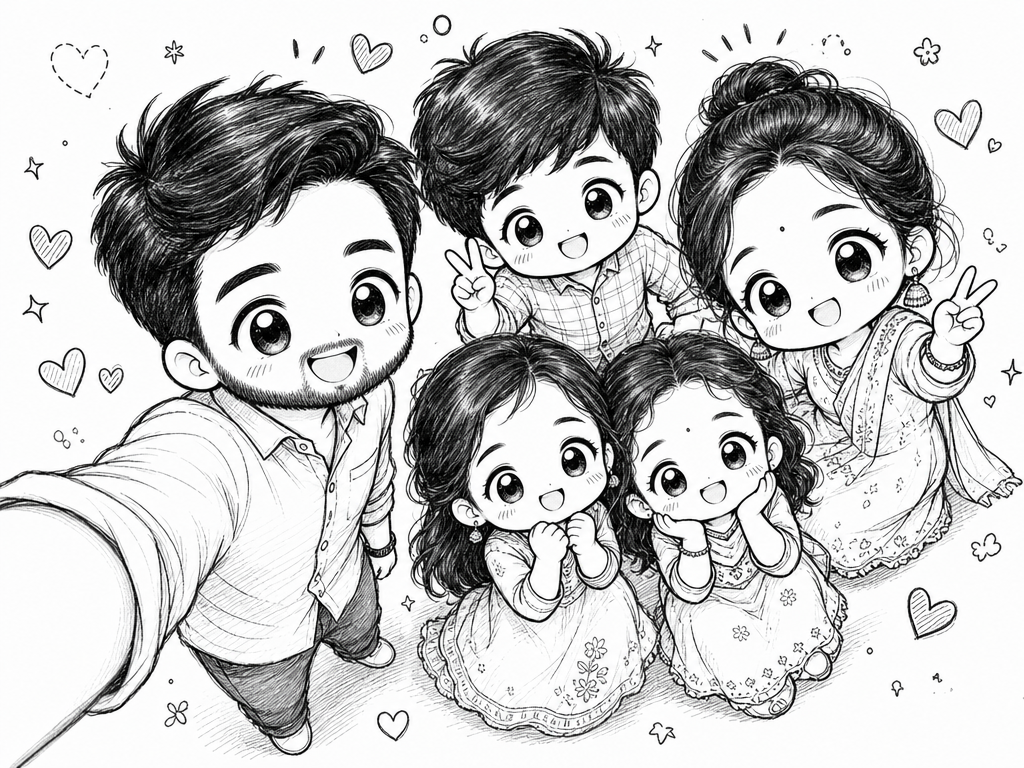 Cute Black-and-White Chibi Doodle Group