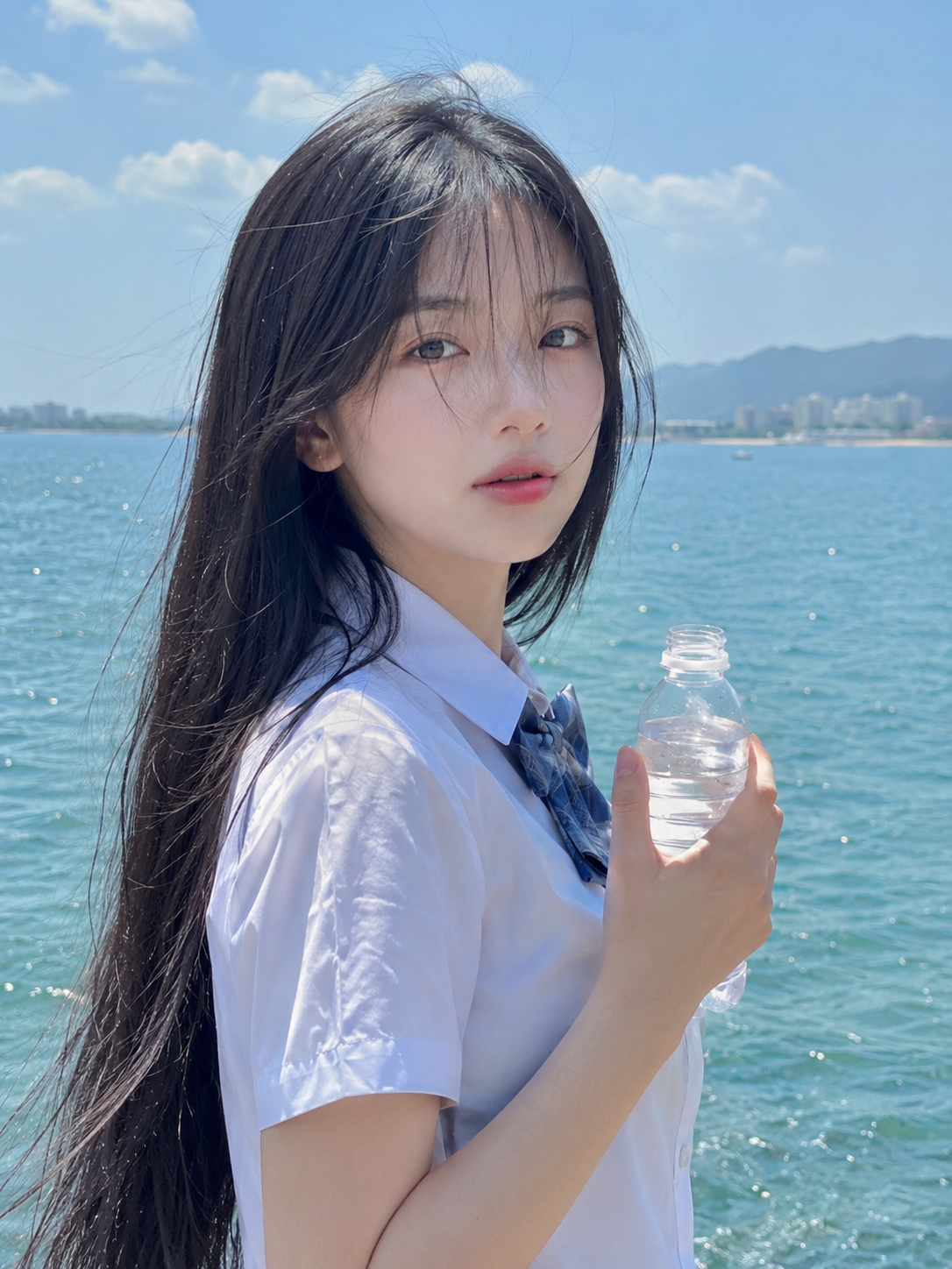 Wistful Schoolgirl by the Summer Sea