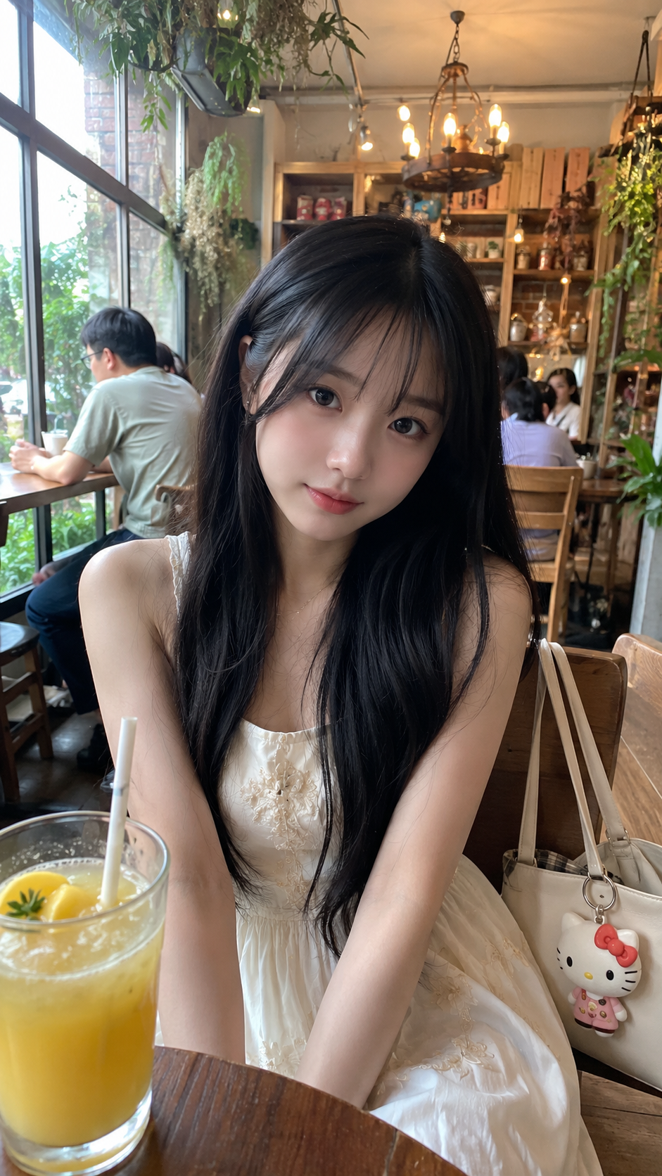 Shy Café Portrait with a Yellow Fruit Drink