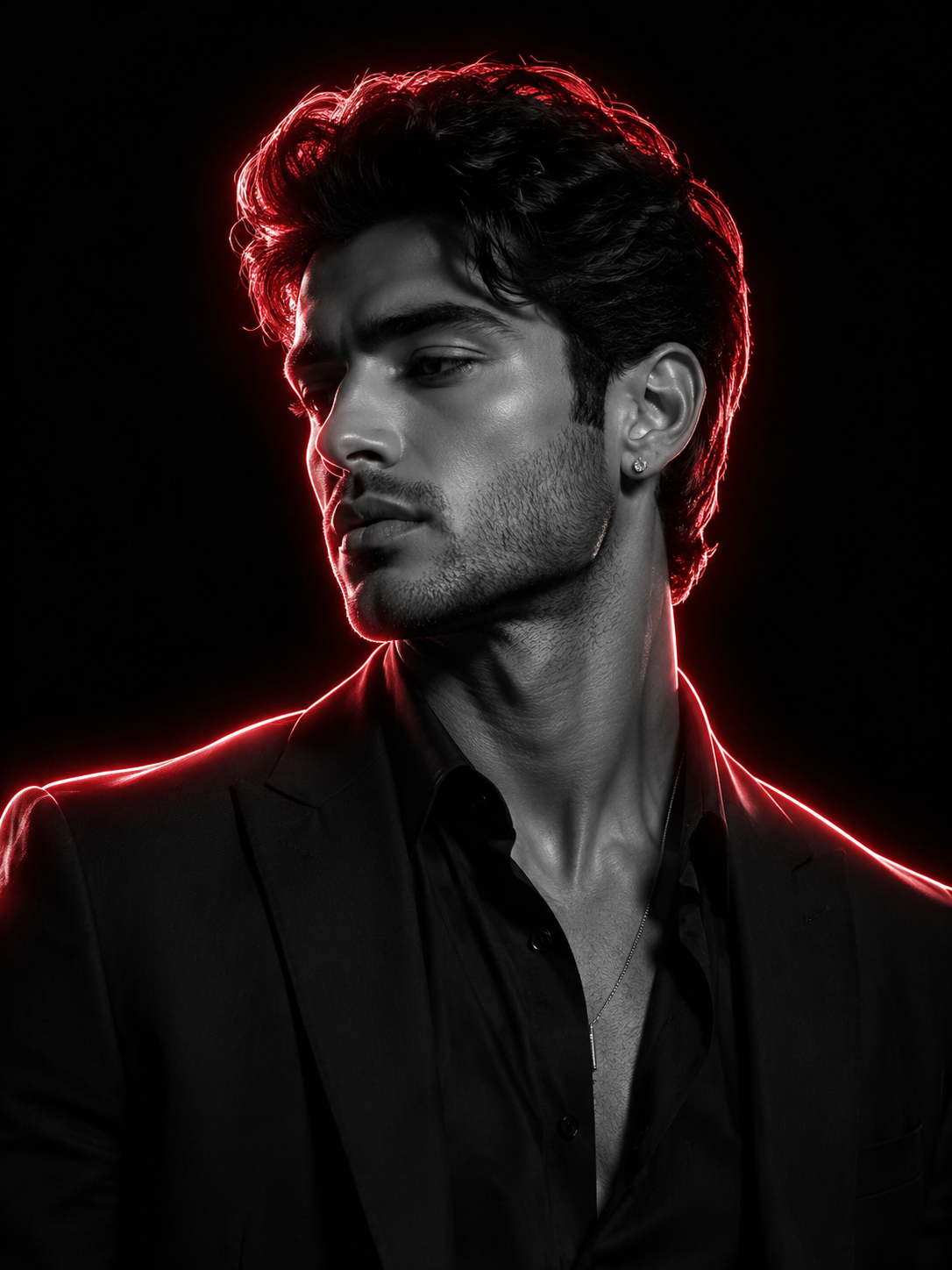 Monochrome Suit Portrait with Red Neon Rim