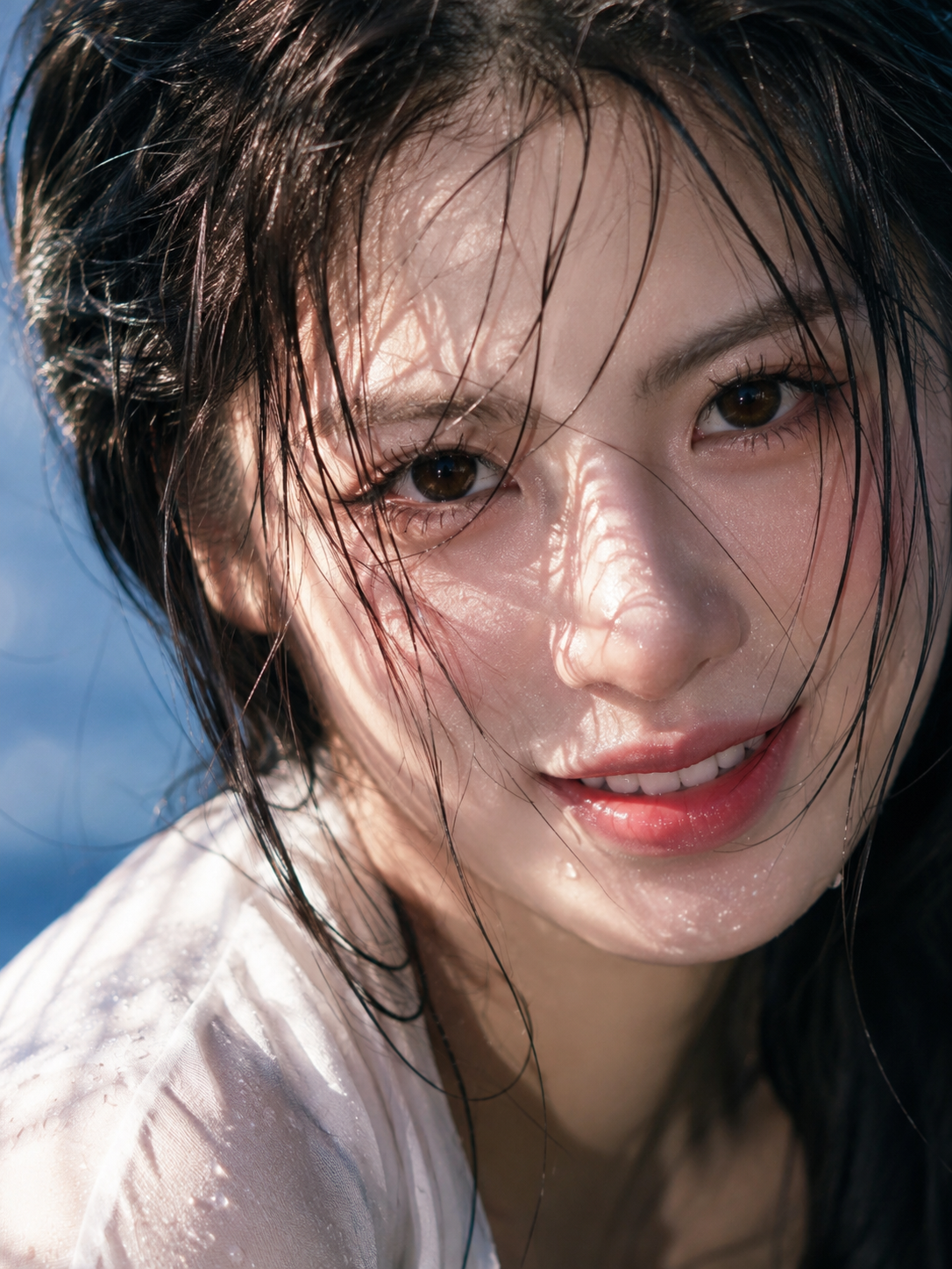 Sunlit Wet-Hair Cinematic Close-Up