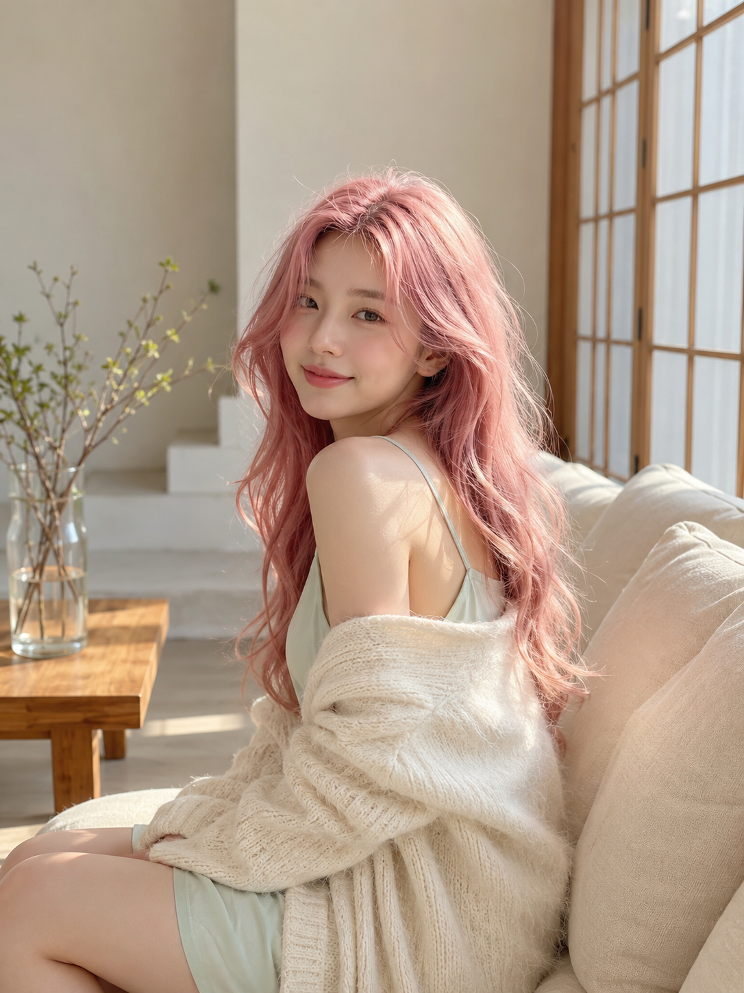 Rose-Haired Woman in Morning Sunlight