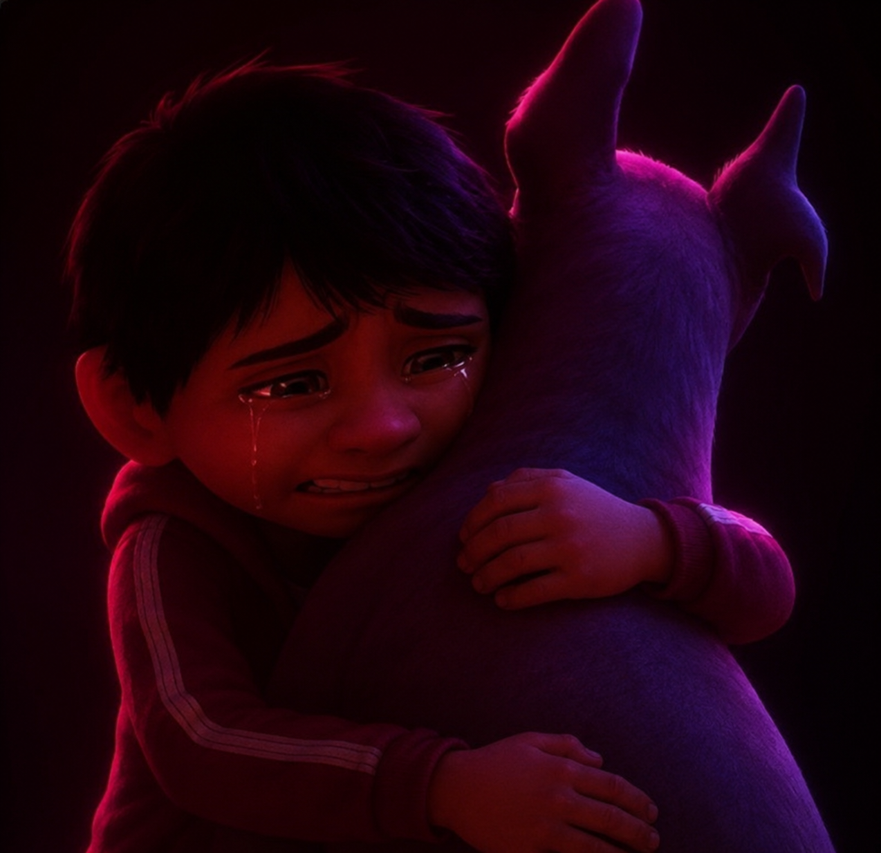 Edición de un niño llorando y abrazando a un perro