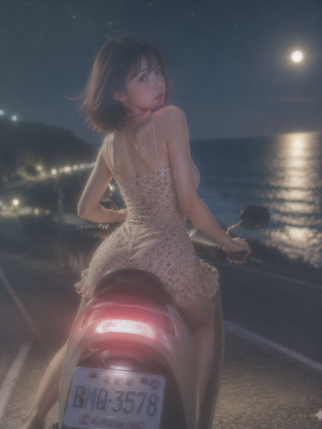 Moonlit Scooter Portrait on the Coast