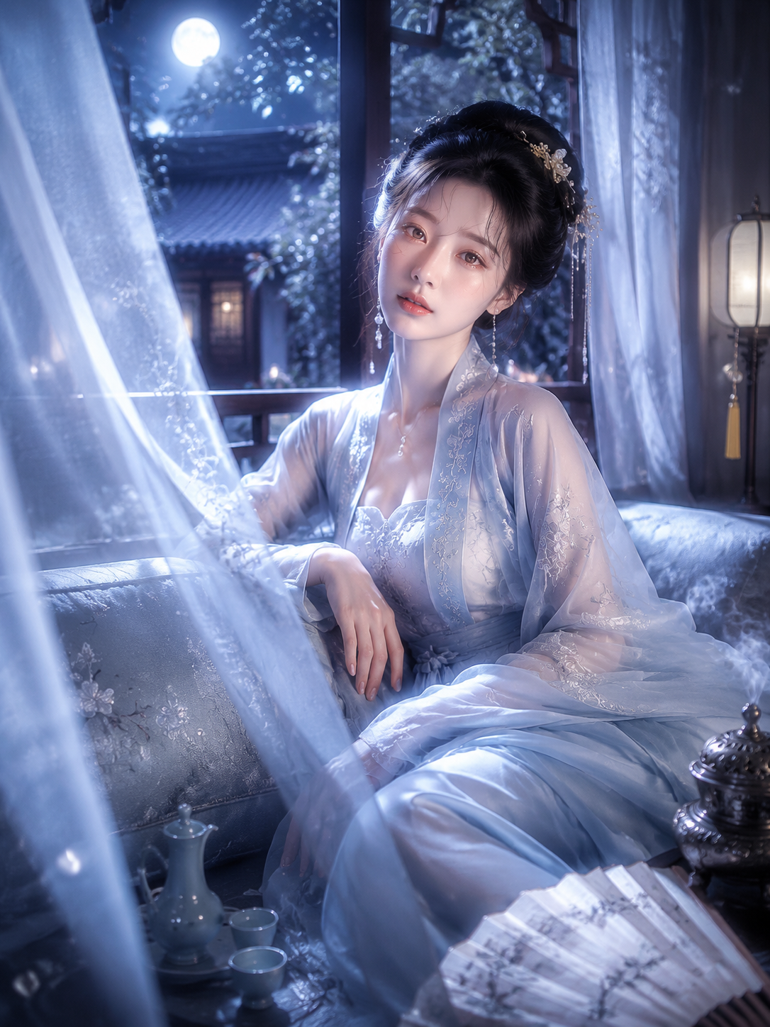 Hanfu-Porträt im Mondlicht am Fenster