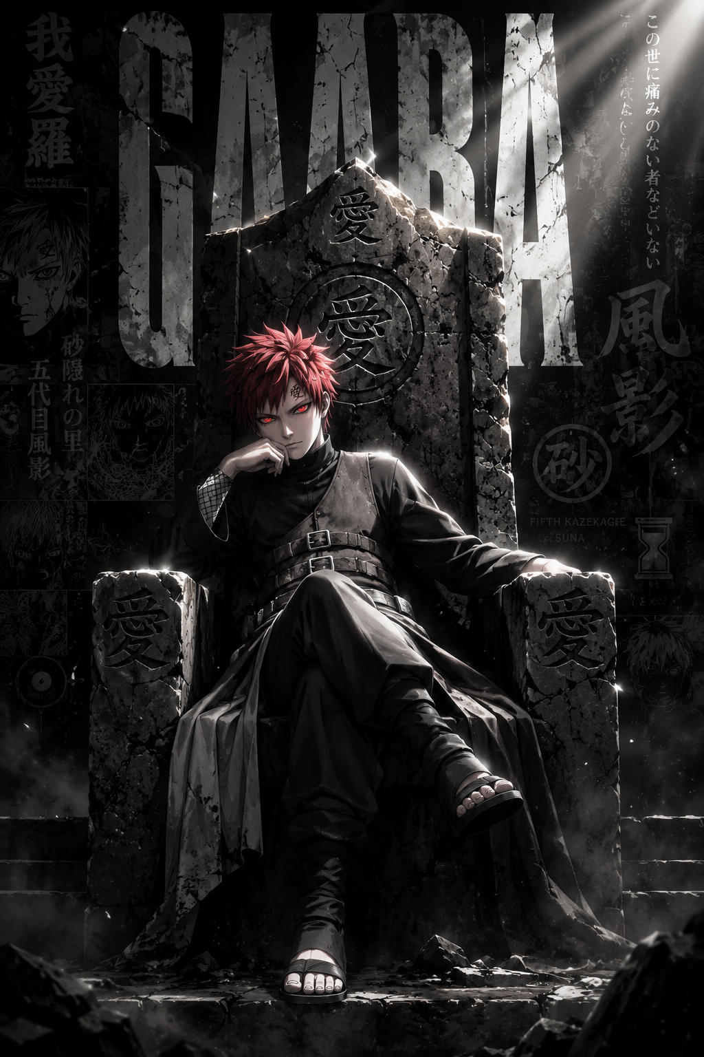 Anime-Held auf einem gesprungenen Steinthron