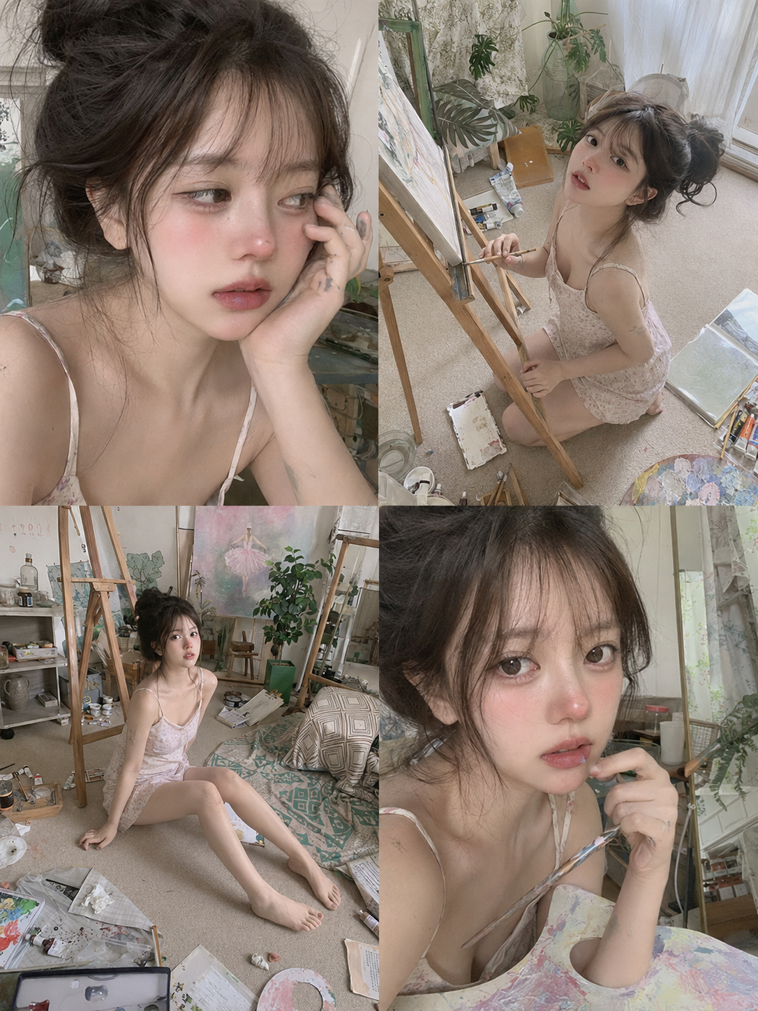 温馨画室中的绘画少女拼贴