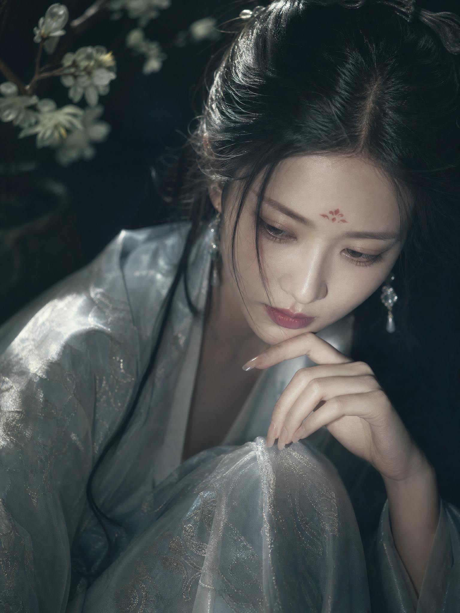 Silver-Robed Beauty Beneath Pear Blossoms