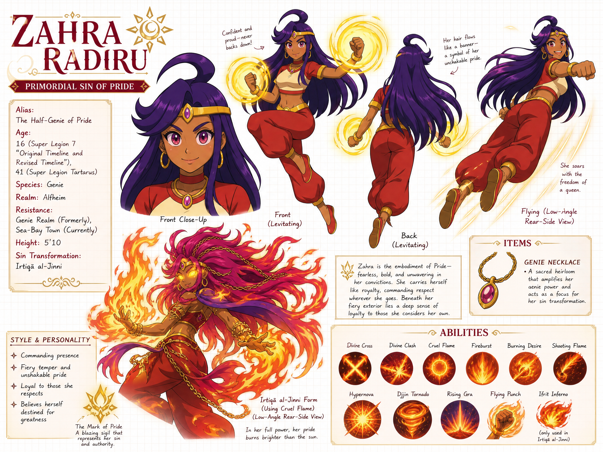 Zahra Flame Character Reference Sheet