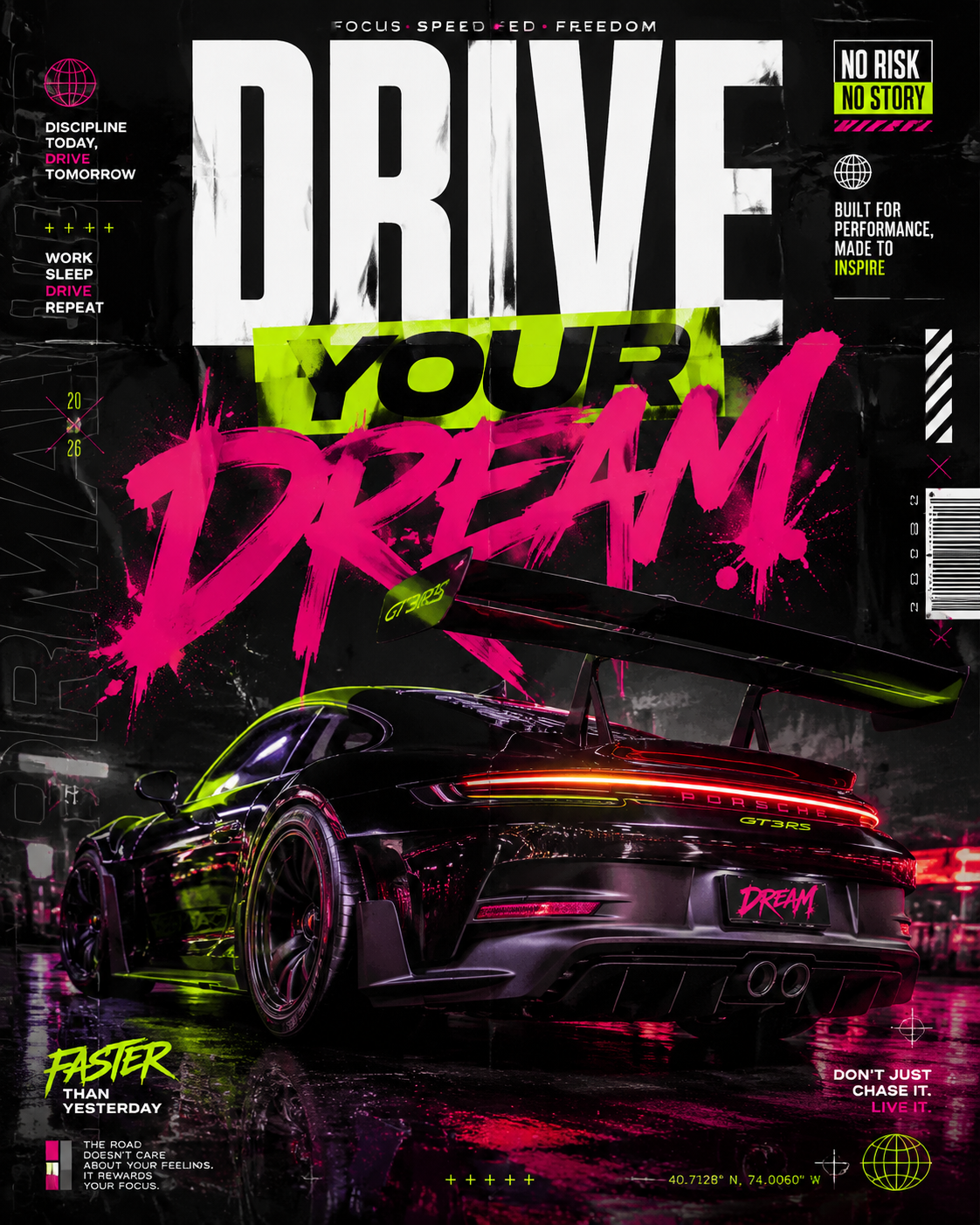 Neon-Poster eines Breitbau-Porsche 911