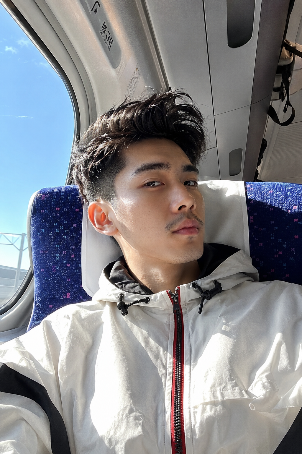 陽差しの列車シート自撮り