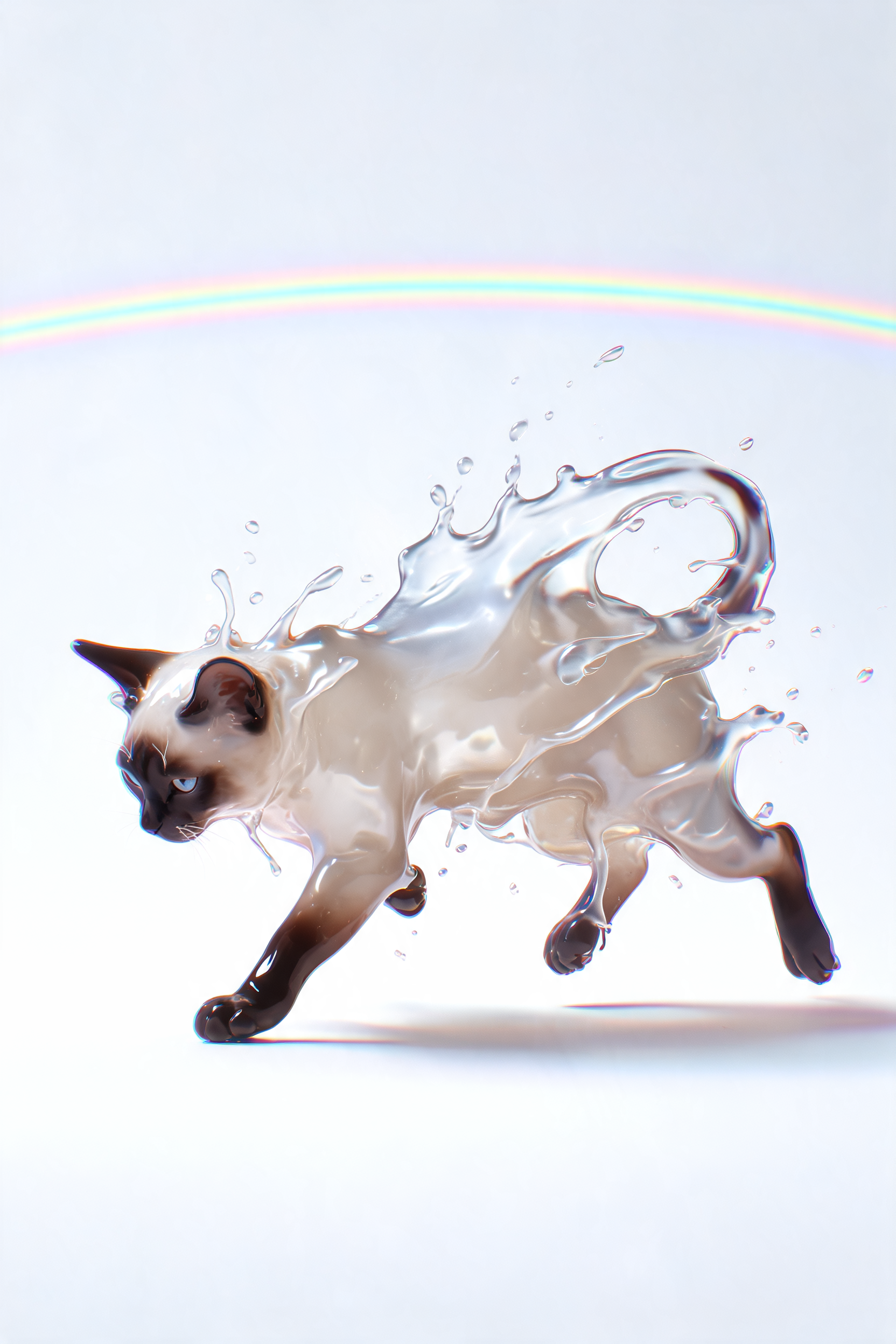 虹色の線を背景にした液体シャム猫