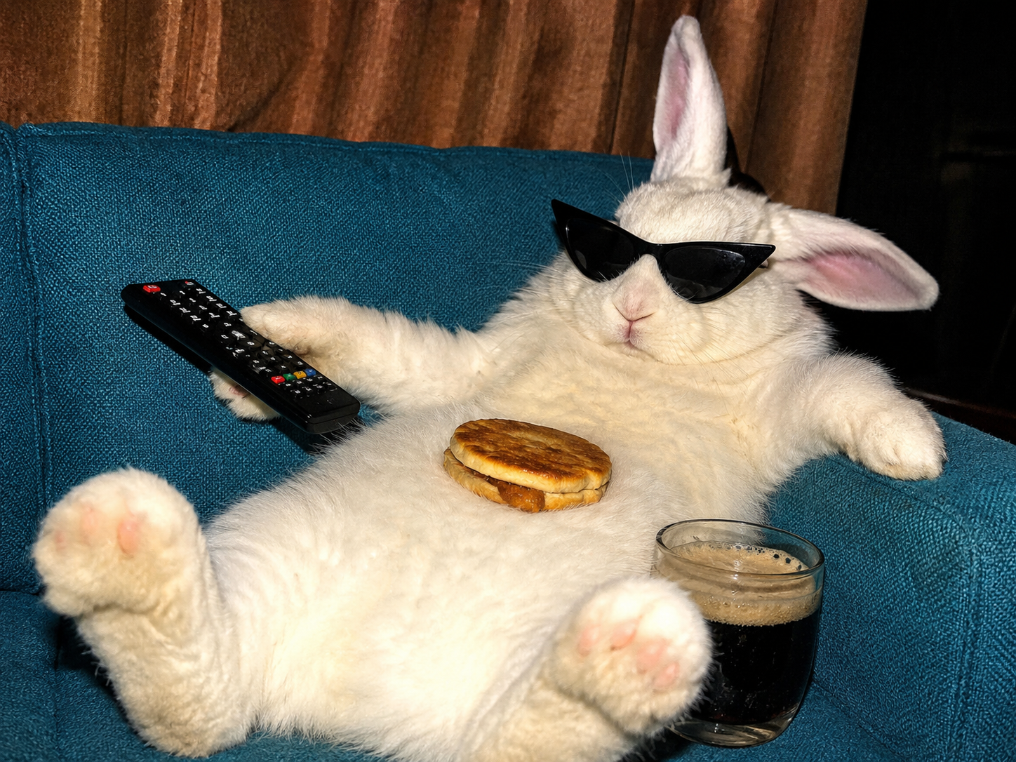 Rabbit Lounging on a Teal Sofa