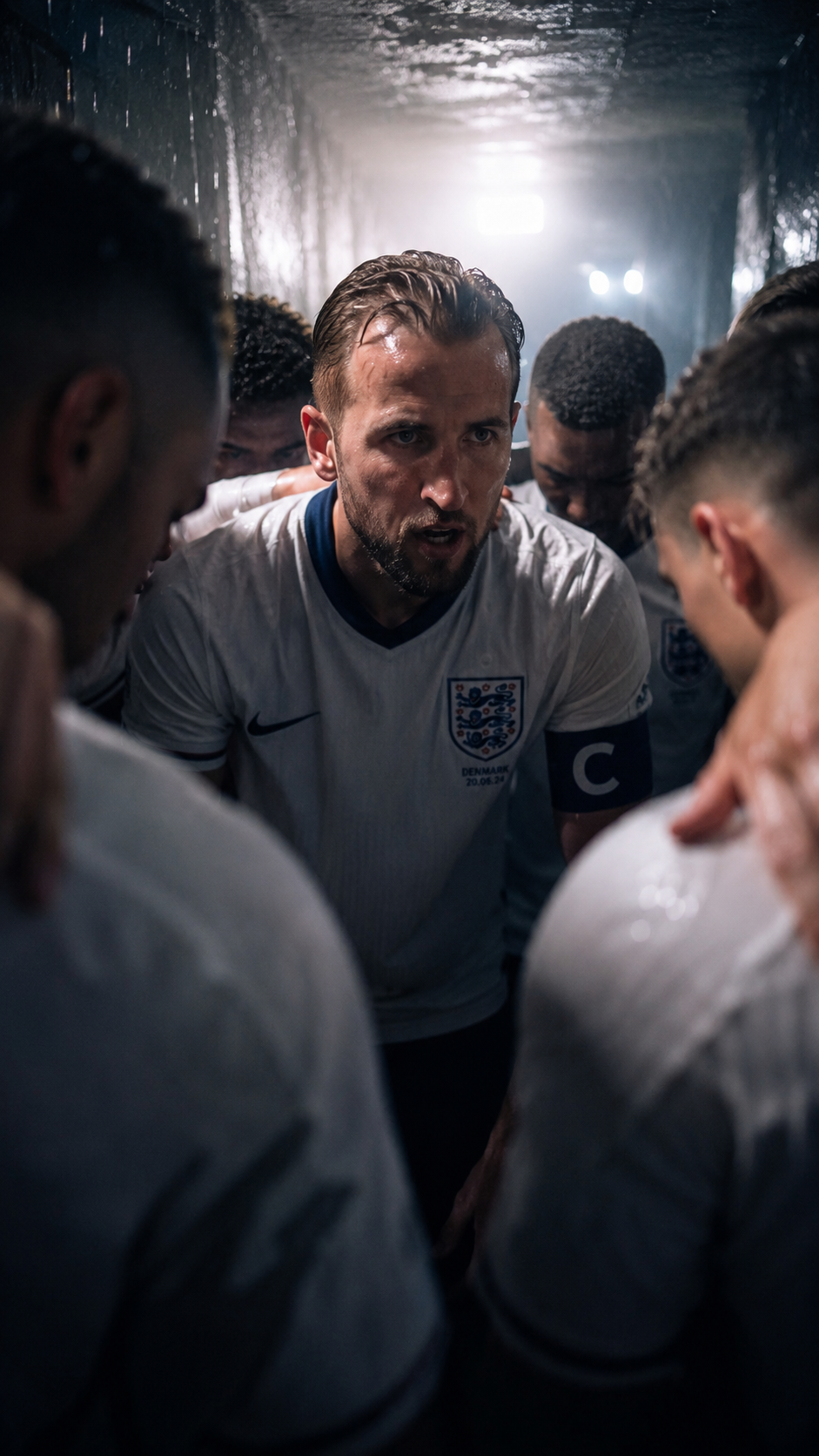 Capitán de Inglaterra liderando una arenga en un túnel lluvioso