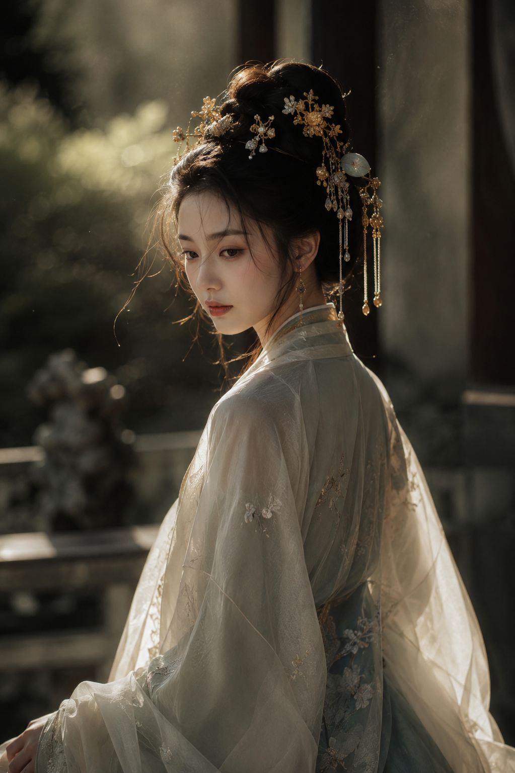 Ink-Wash Hanfu Beauty in a Quiet Courtyard