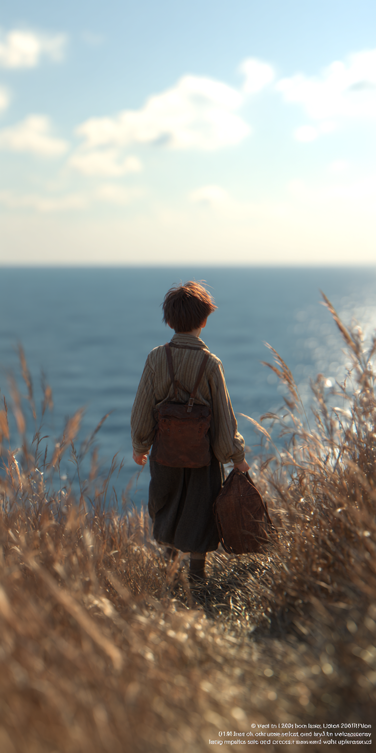 Boy Walking Toward His Mother on a Seaside Cliff