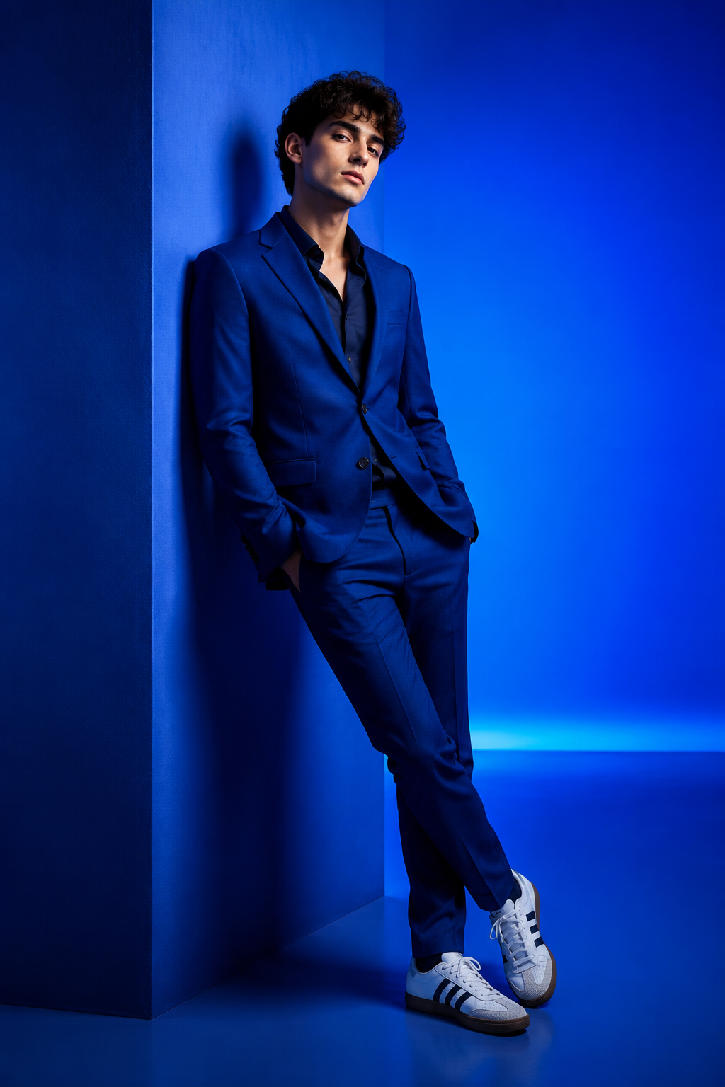 Man in a Deep-Blue Suit and Adidas Sneakers