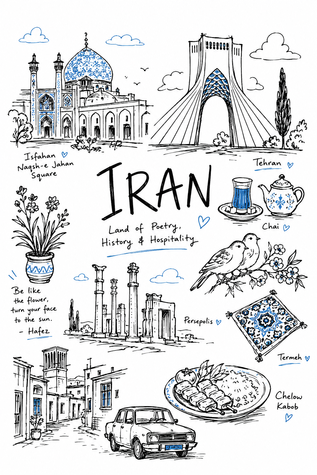 Ilustración doodle de viaje por Irán