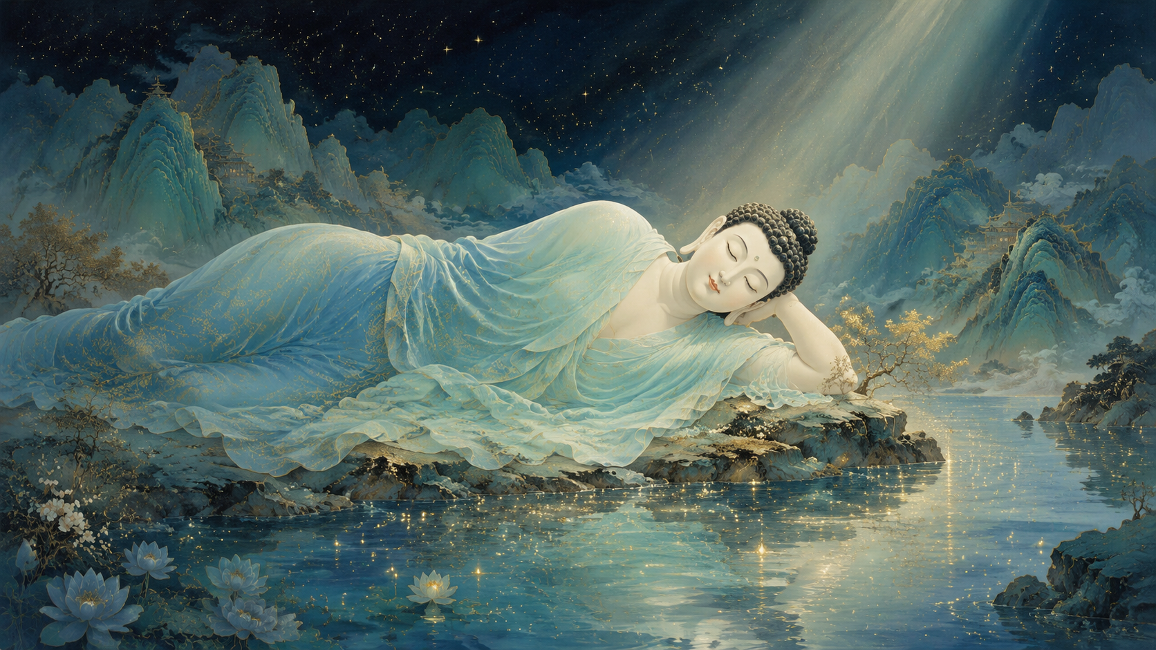 Medicine Buddha Resting by a Starry Lake