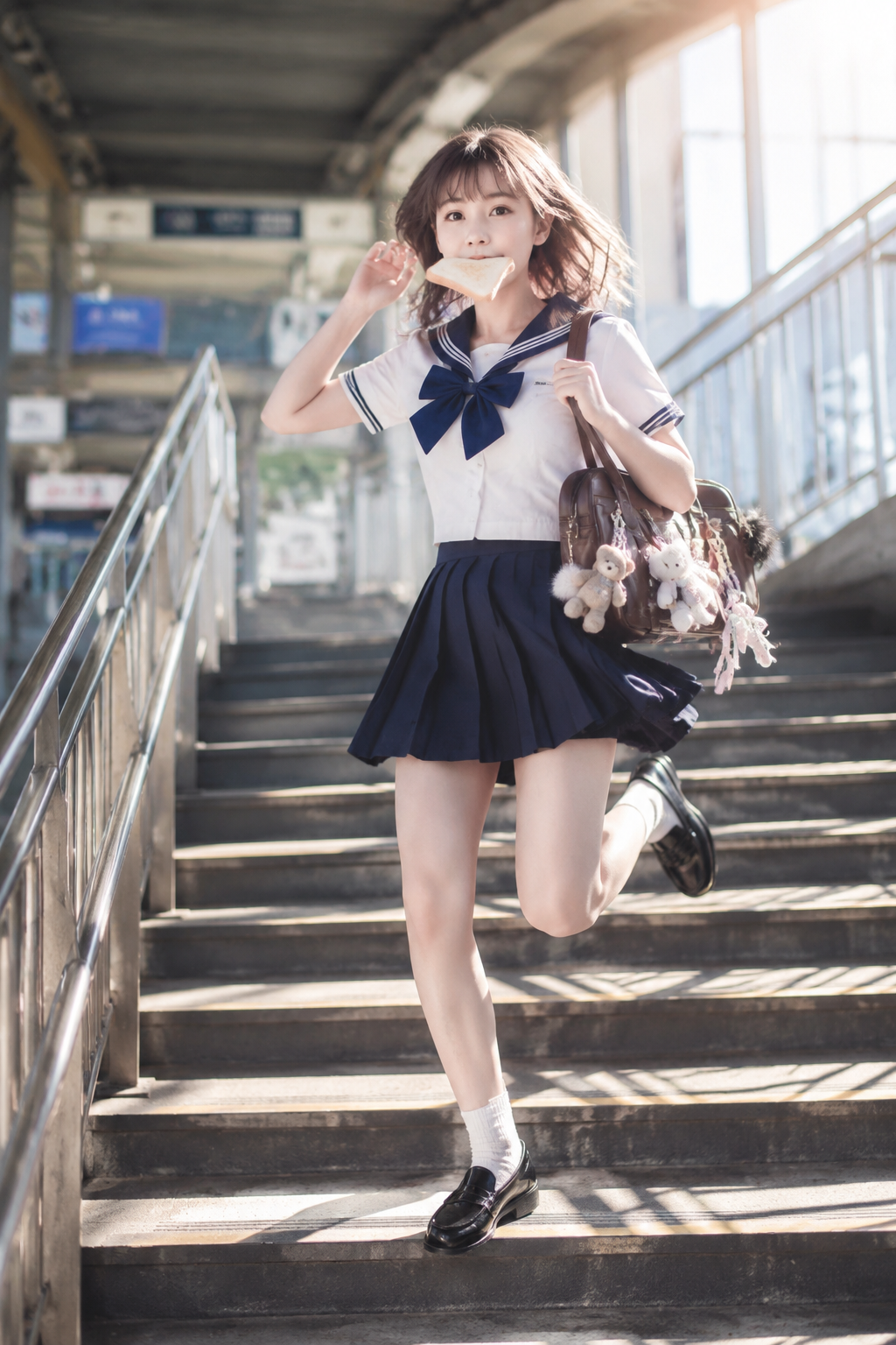 Girl Running Down Station Stairs with Toast