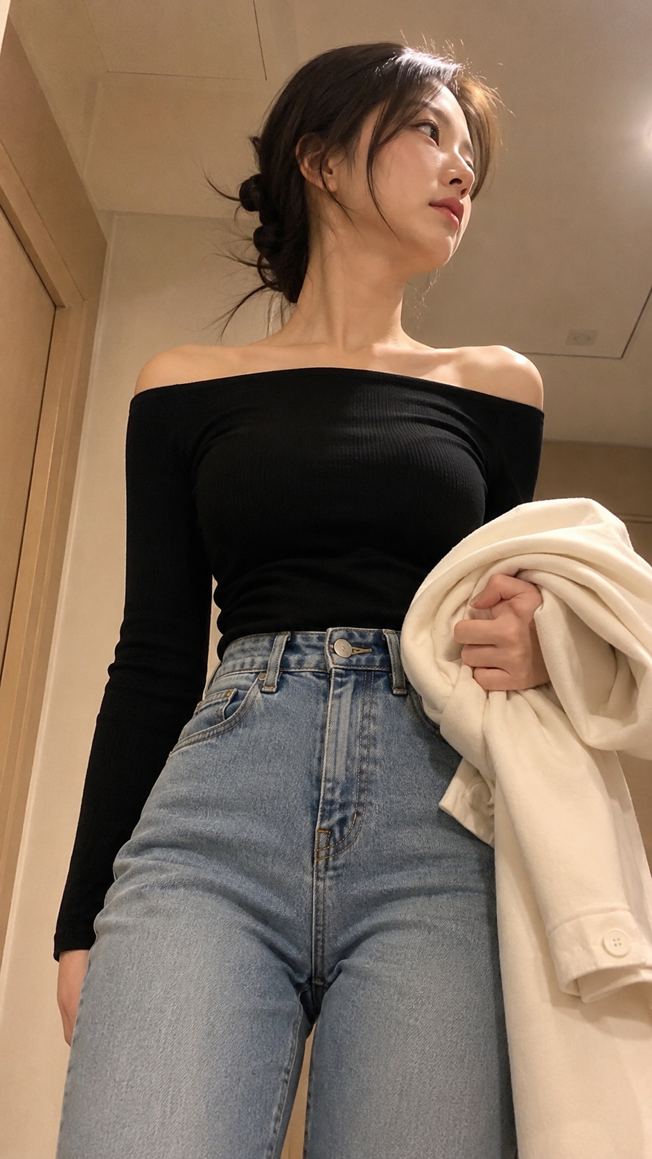 Low-Angle Beige-Room Fashion Portrait