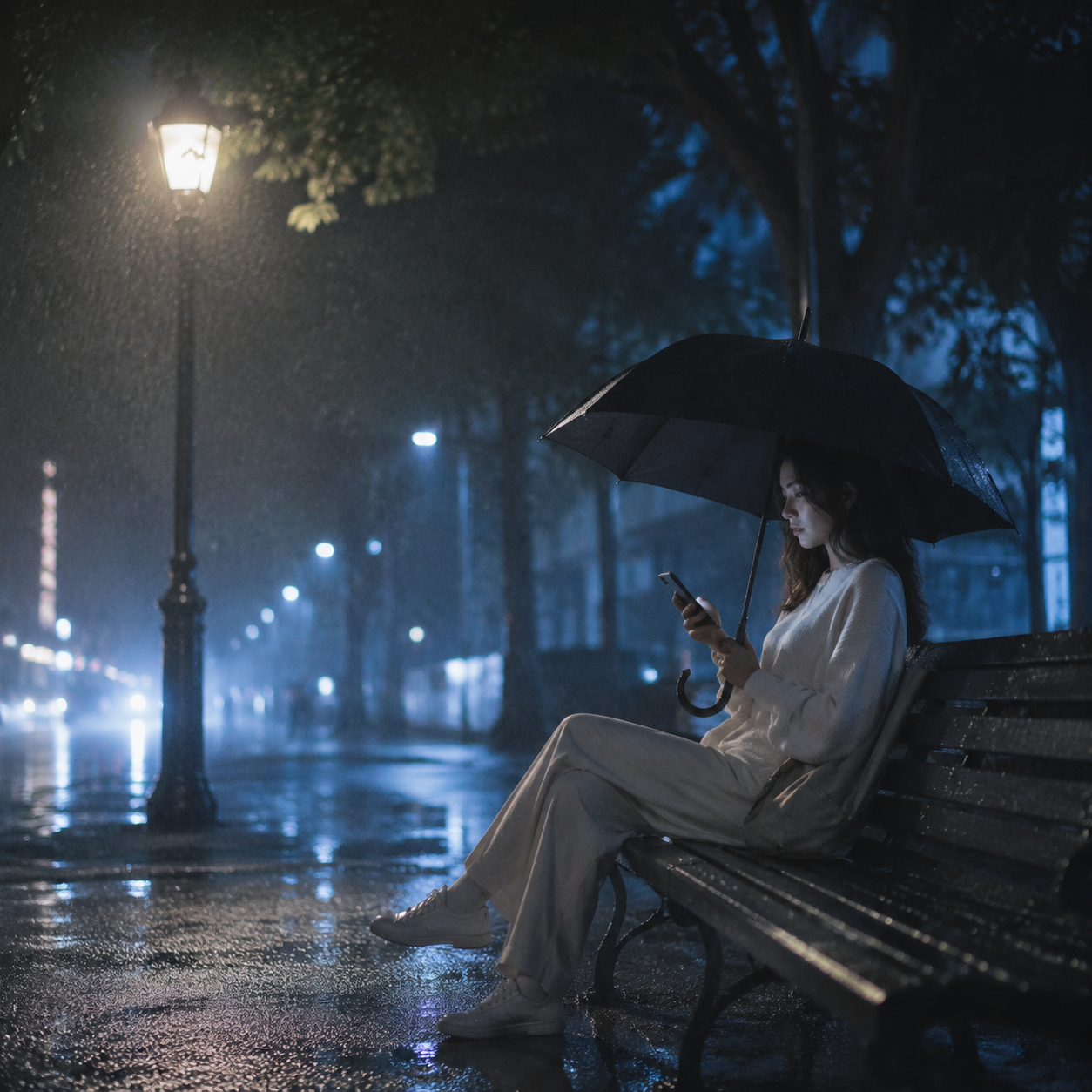 Woman Under an Umbrella on a Rainy Night