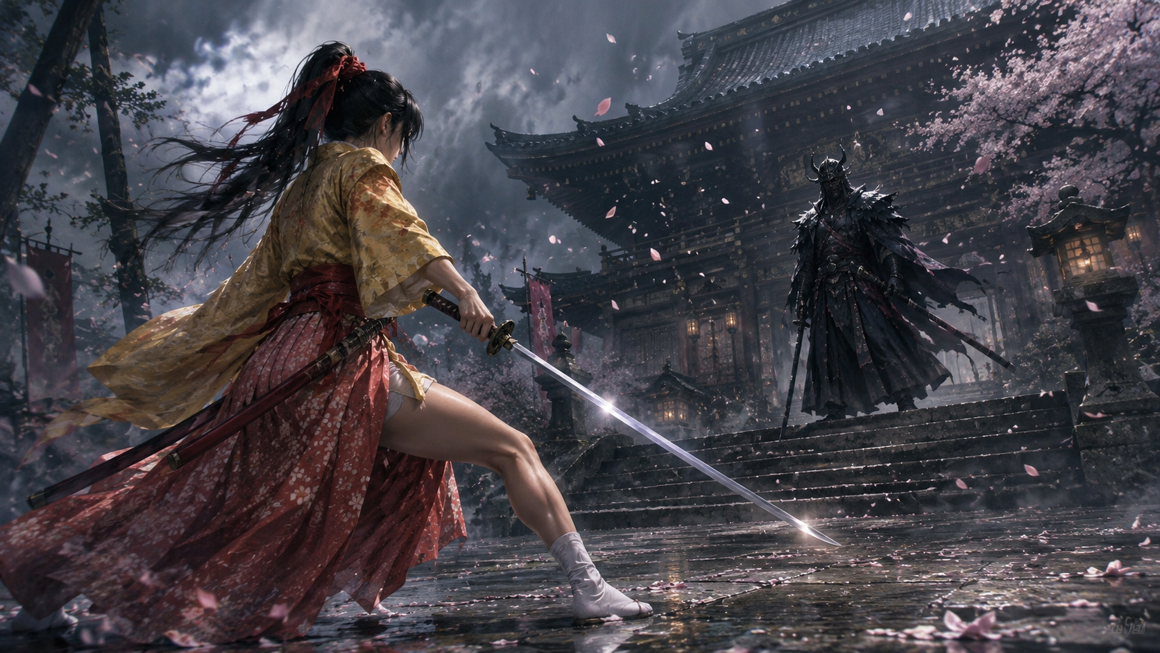 Female Swordswoman Facing a Terrifying Duel