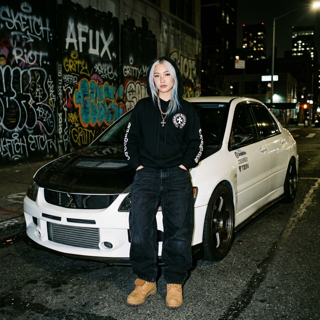 Streetwear Woman with a Mitsubishi Evo IX