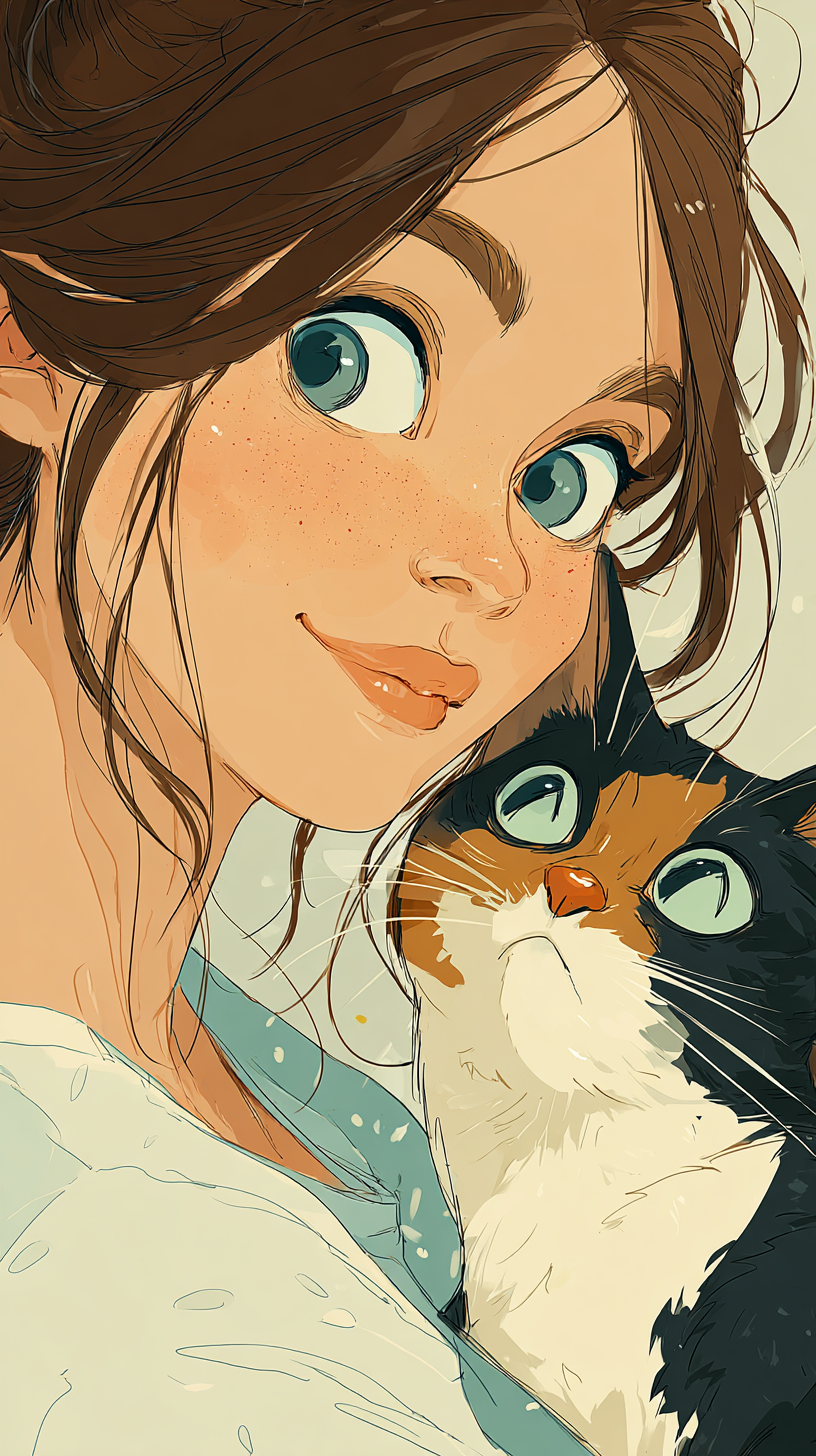 Cute Girl and Cat Illustration
