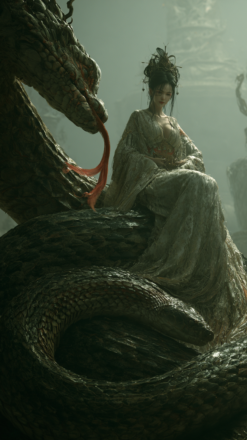 Serpent-Riding Woman at a Misty Song Temple