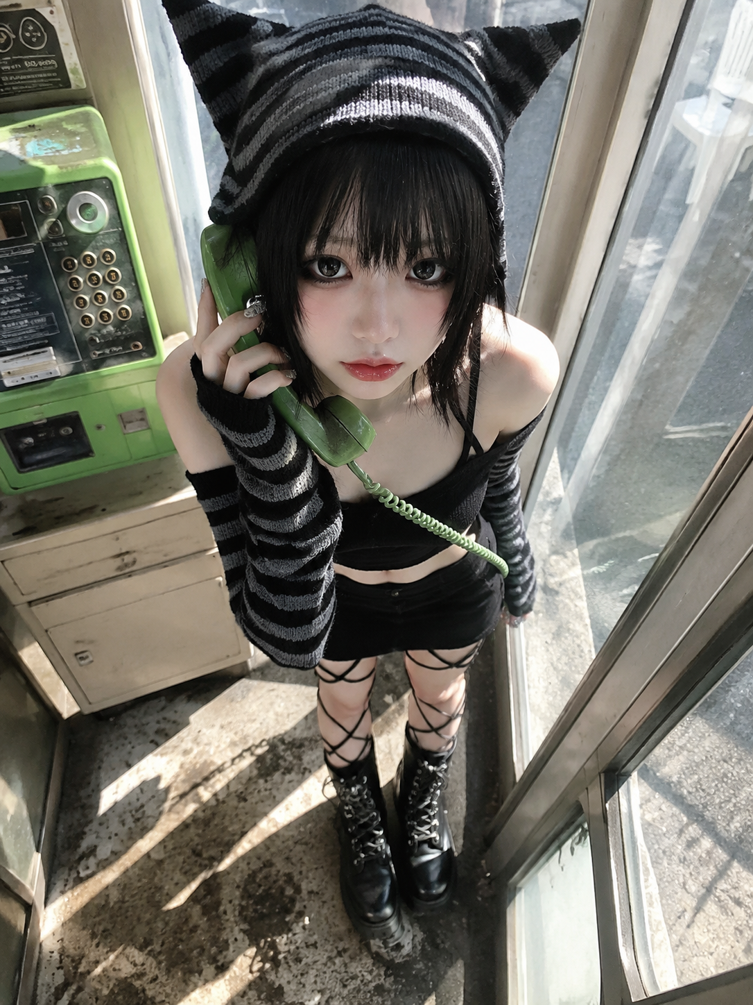 Cat-Ear Y2K Phone Booth Portrait