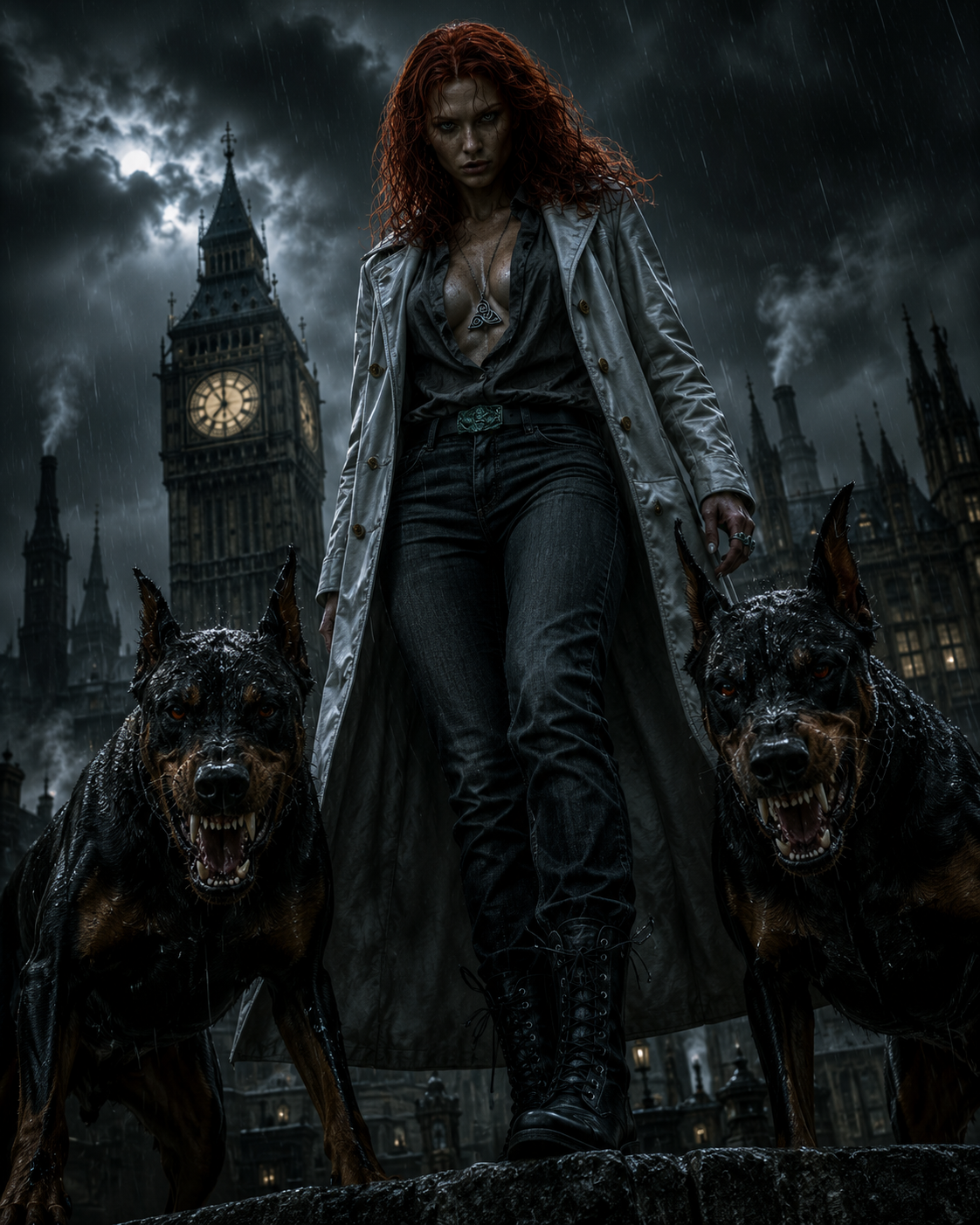 Red-Haired Woman with Dobermans in Gothic London