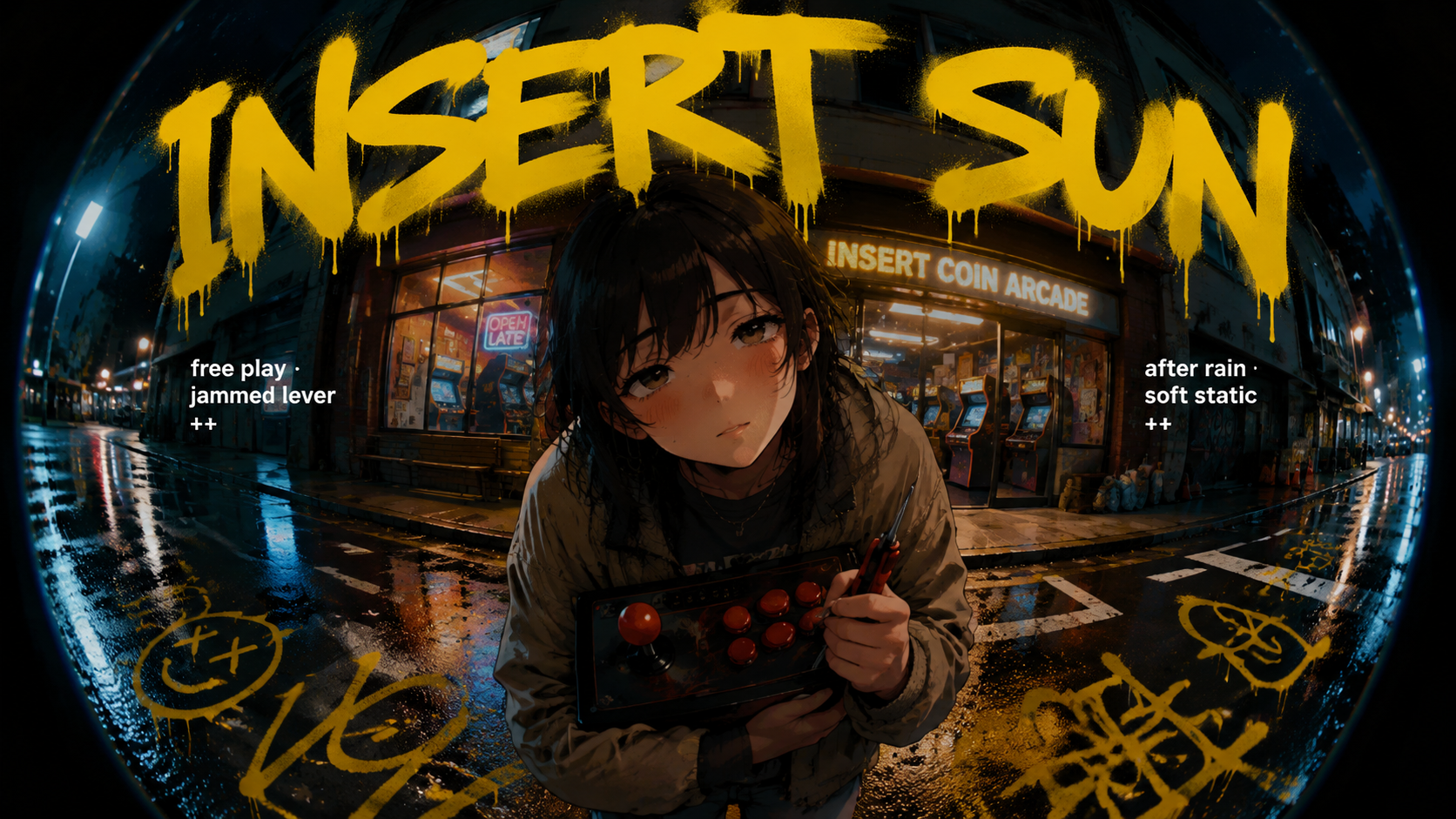 Affiche anime nocturne devant une boutique en fisheye