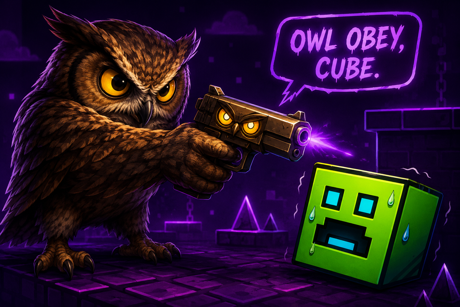 Owl Threatening a Geometry Dash Cube