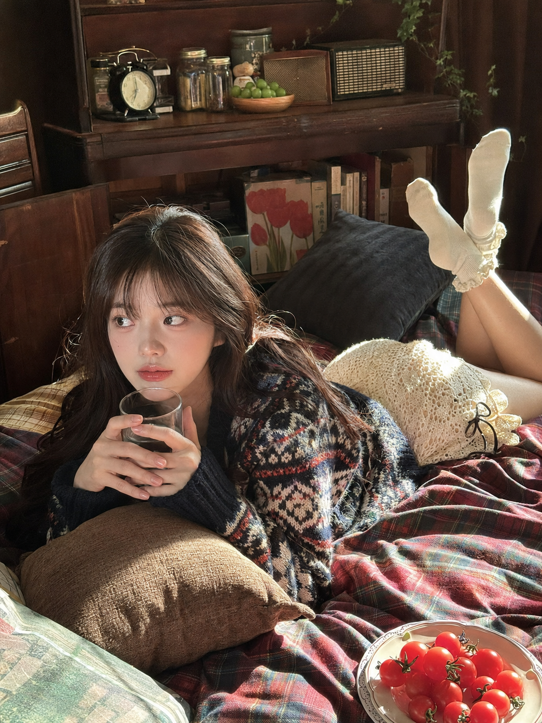 Relaxed Plaid-Bed Lifestyle Portrait