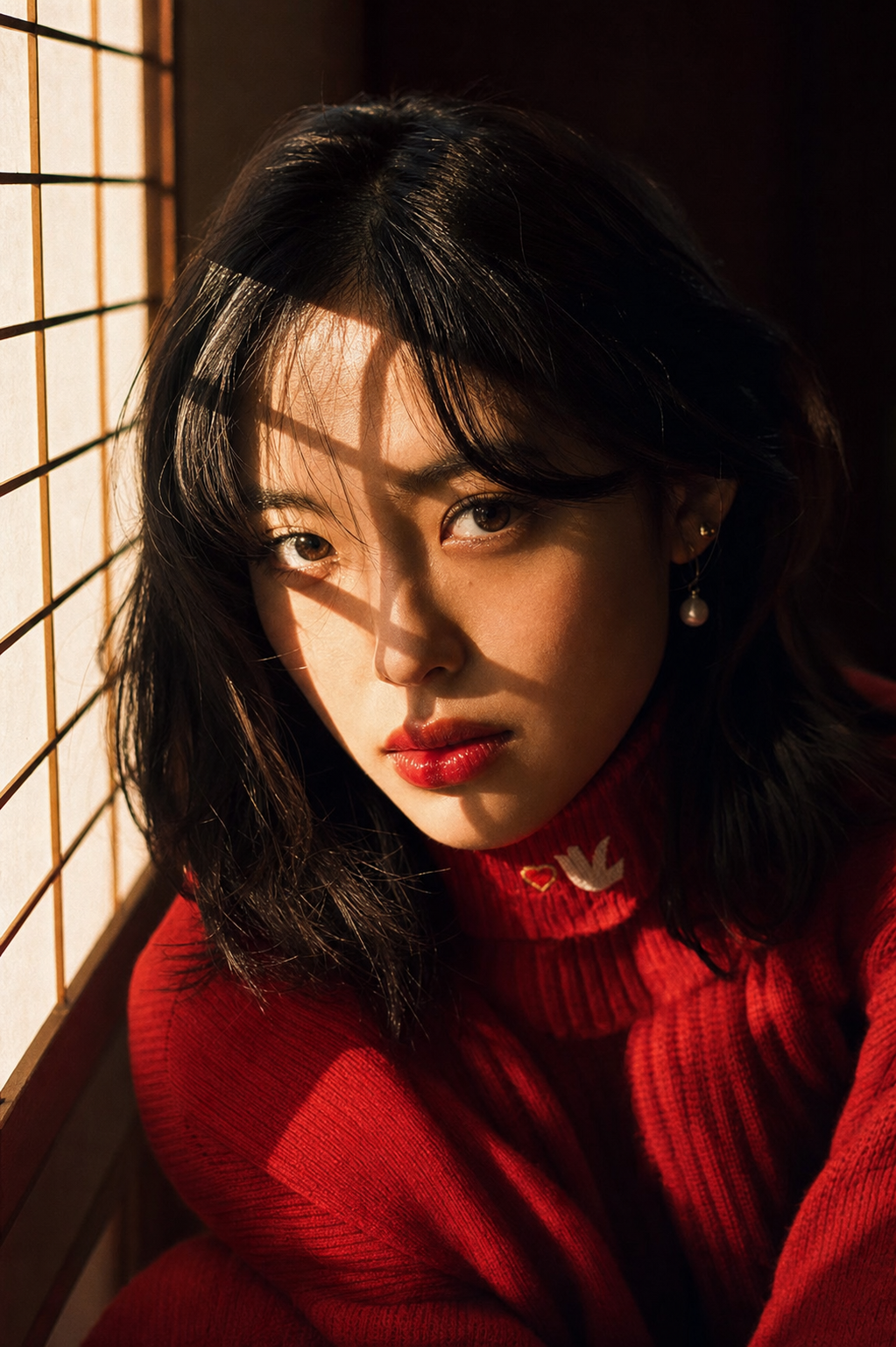 Japanese Woman in Shoji Grid Sunlight