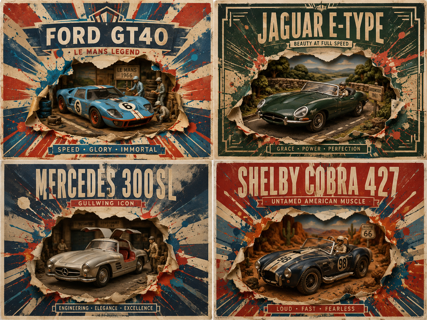 Four Strange Classic Cars Art Deco Grid