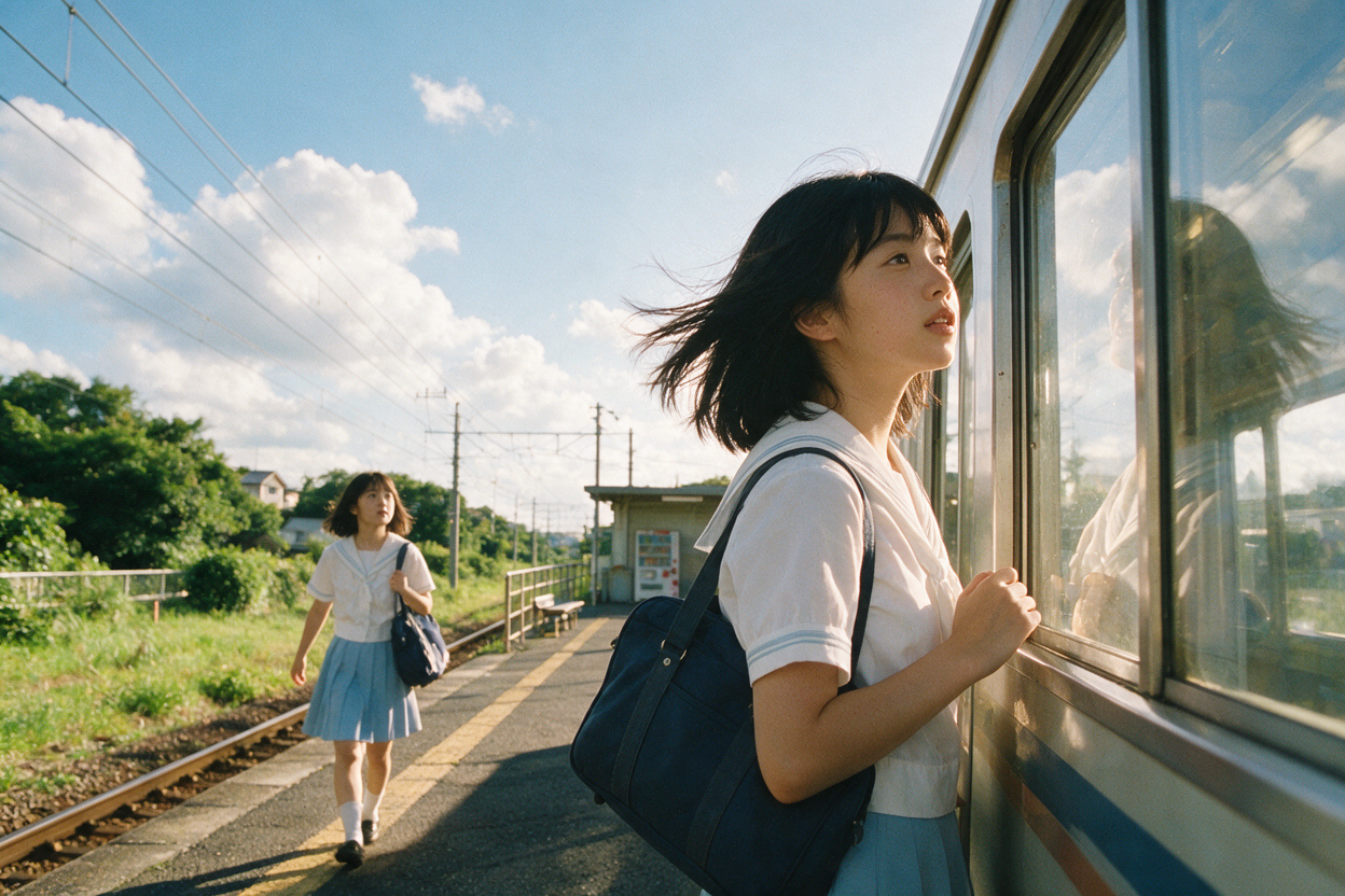 Japanese Student at a Summer Train Station