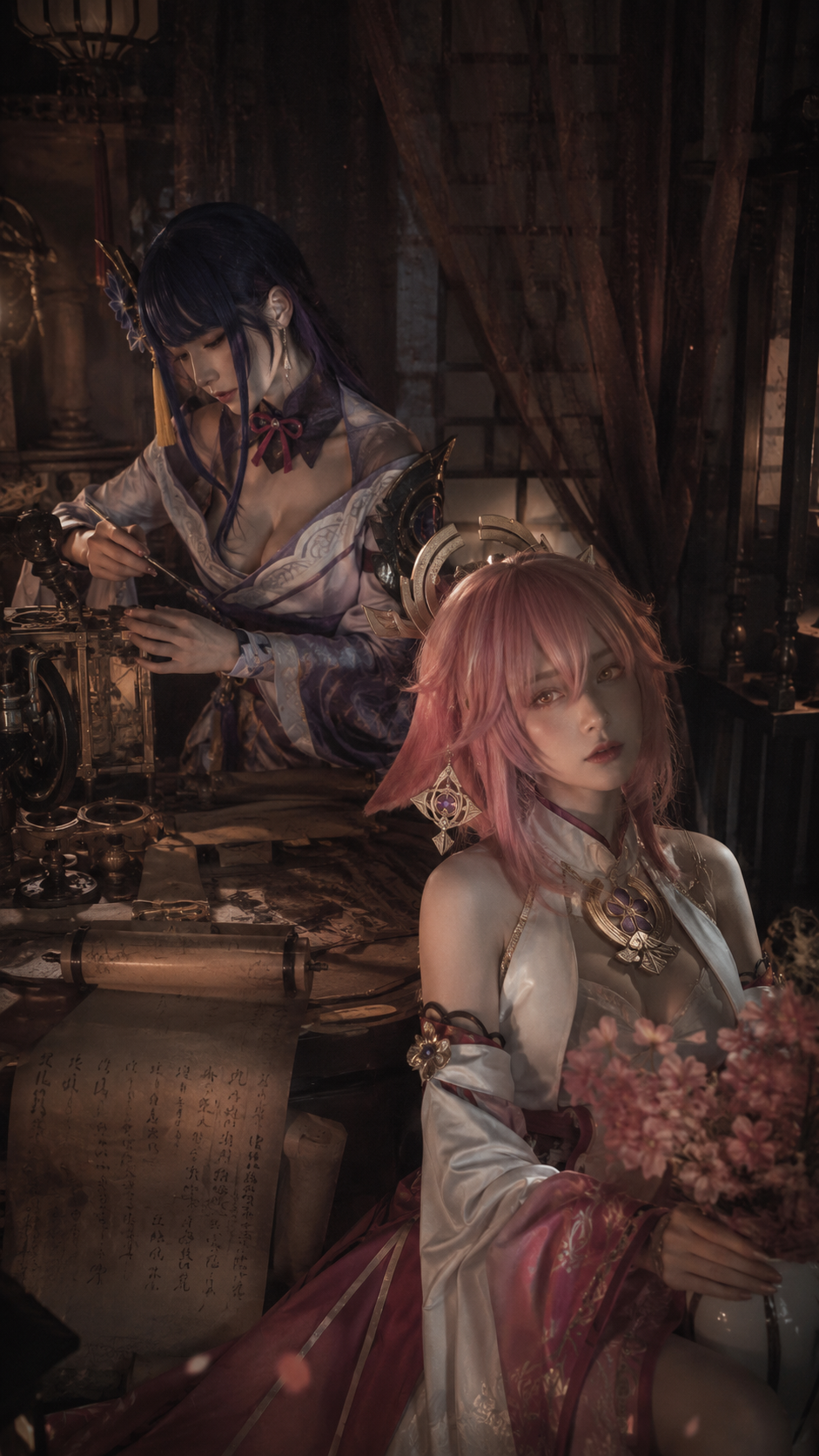 Ancient Fantasy Duo with Flowers and Machinery