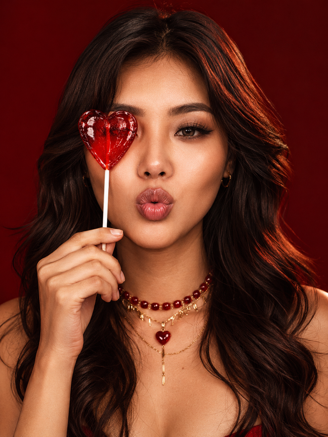 Red Heart Lollipop Beauty Portrait