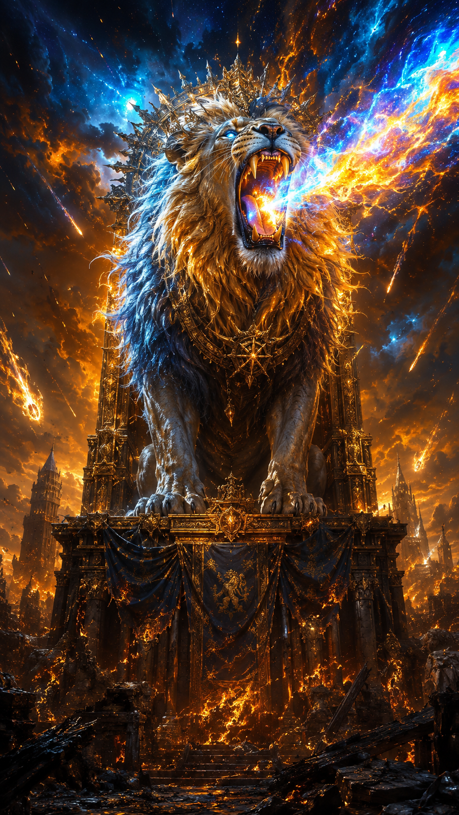 Lion Roaring Energy from a Burning Throne