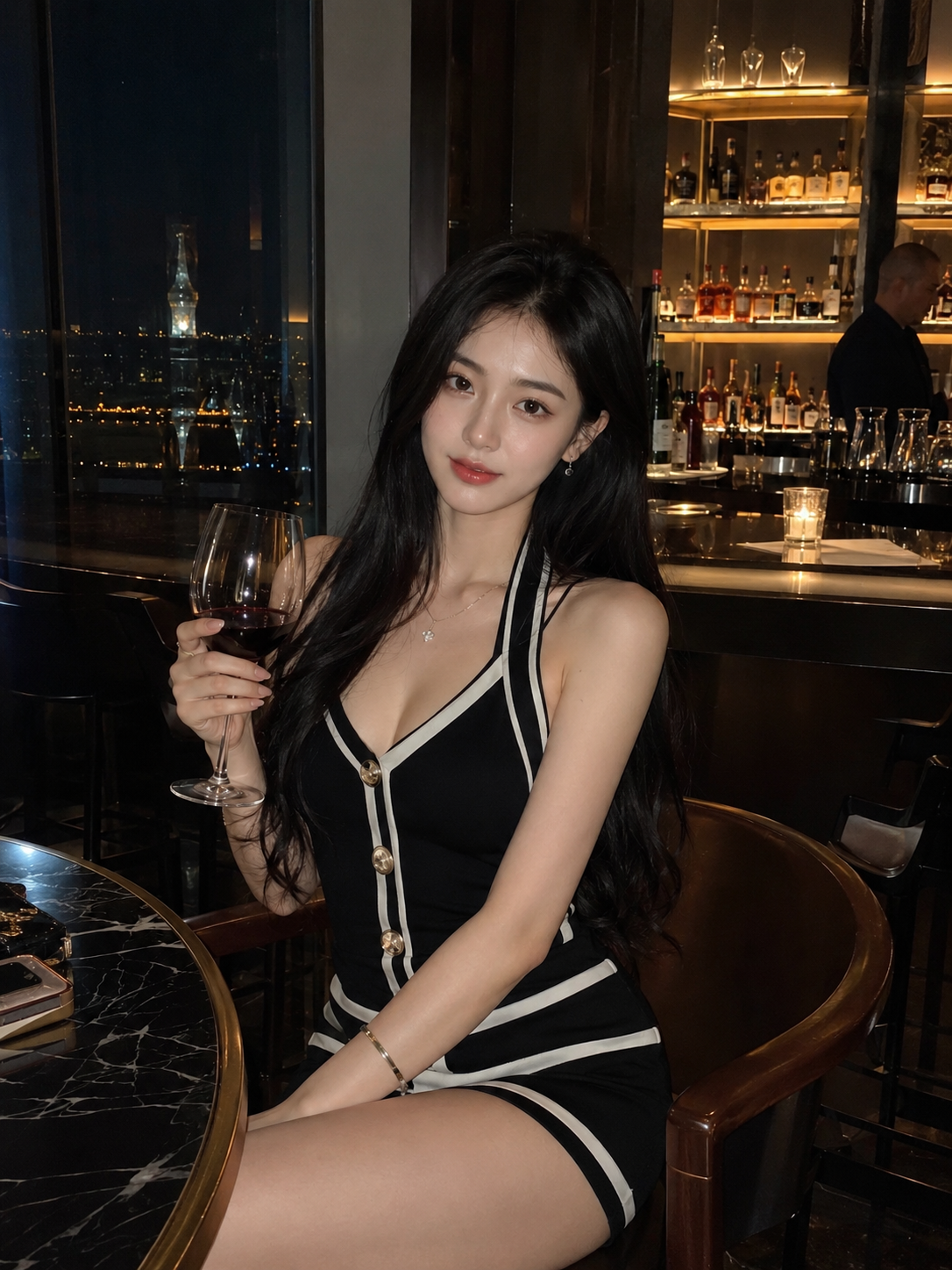 East Asian Woman with Wine in a Luxury Bar