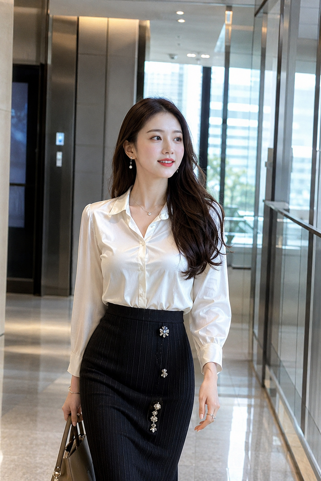 Japanese Woman Walking Through a Luxury Office