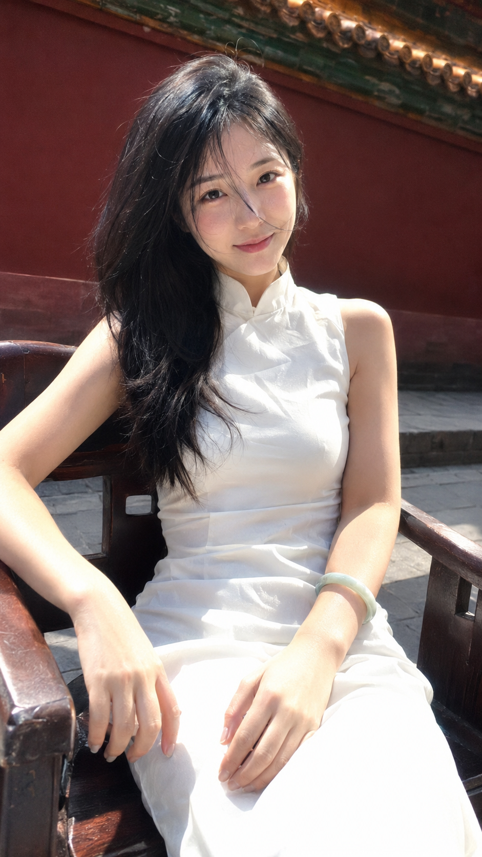Woman in a White Qipao on a Wooden Chair