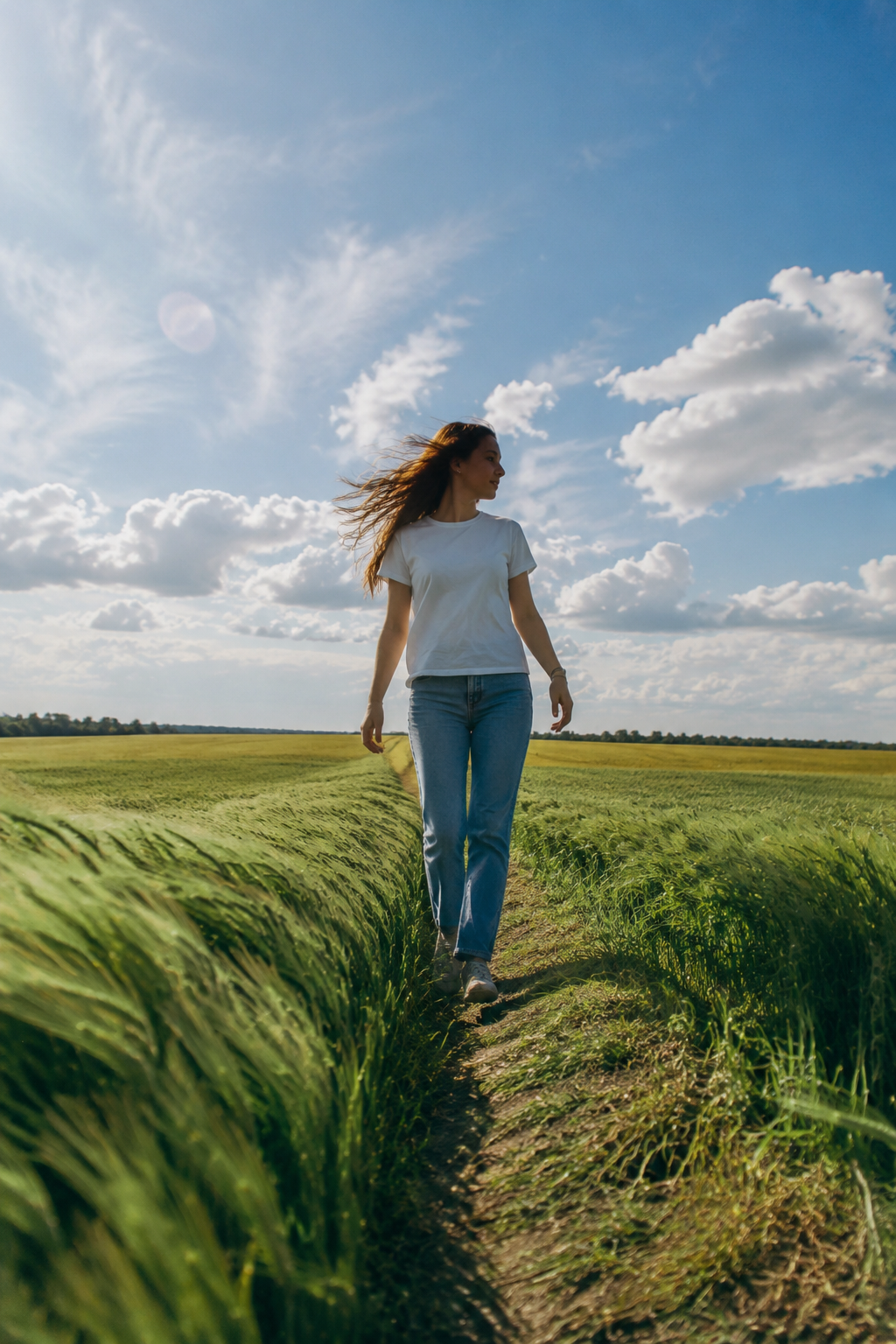Woman Walking Through a Summer Wheat Field