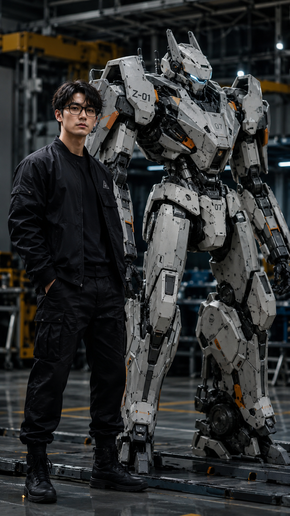 Japanese Man Beside a Robotech Mecha