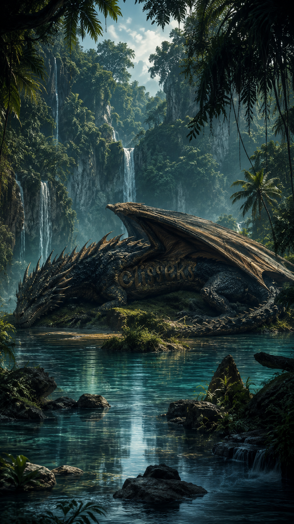Dragon au repos dans une jungle humide