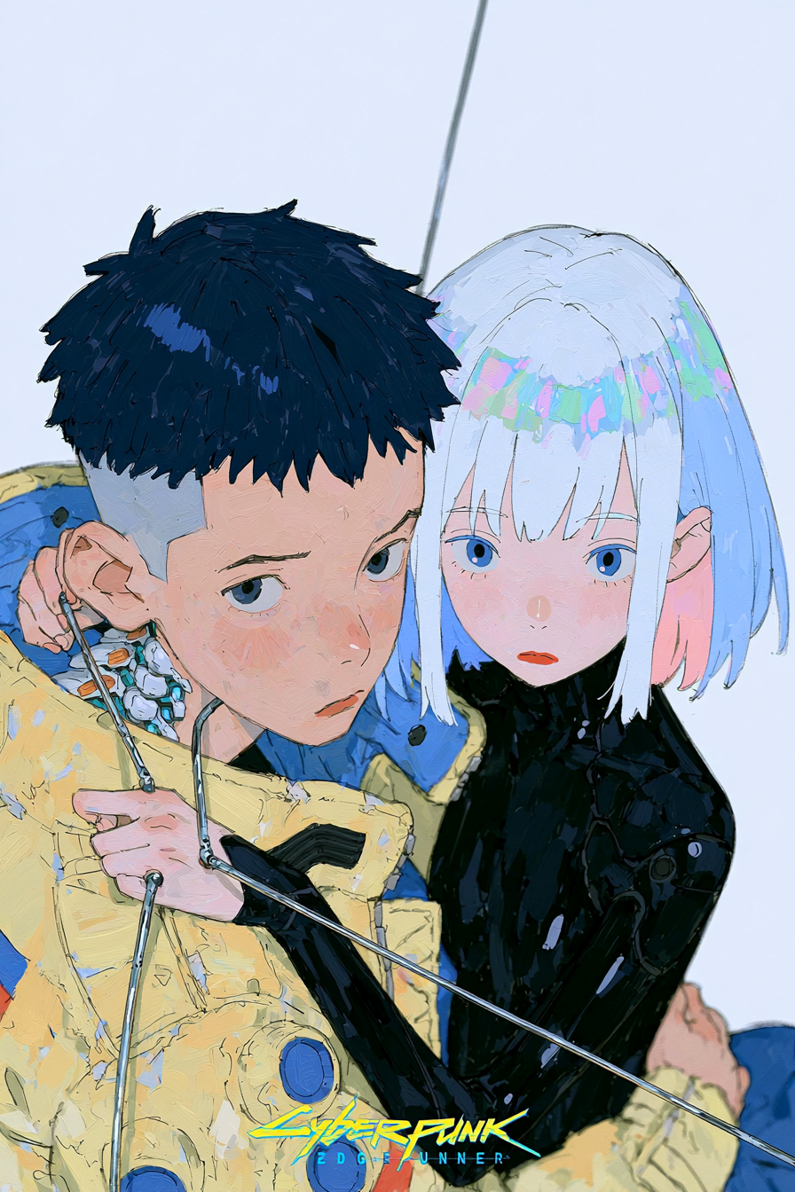 Póster cyberpunk de David y Lucy entrelazados