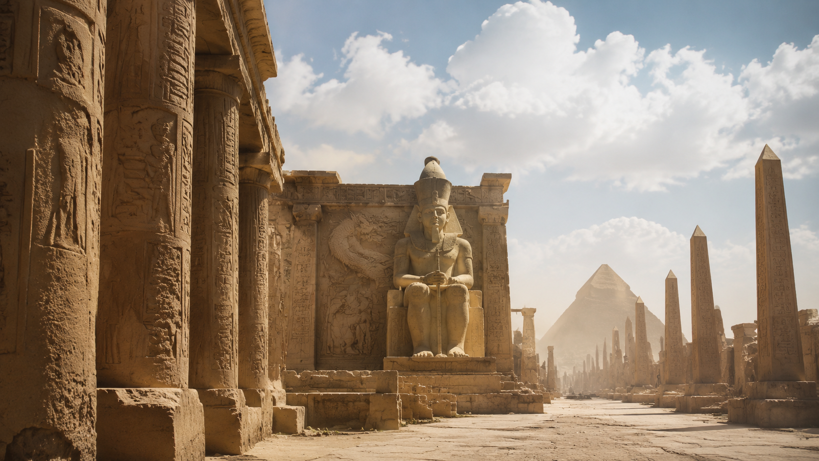 Pharaoh Temple with Pyramids and Stone Guardians
